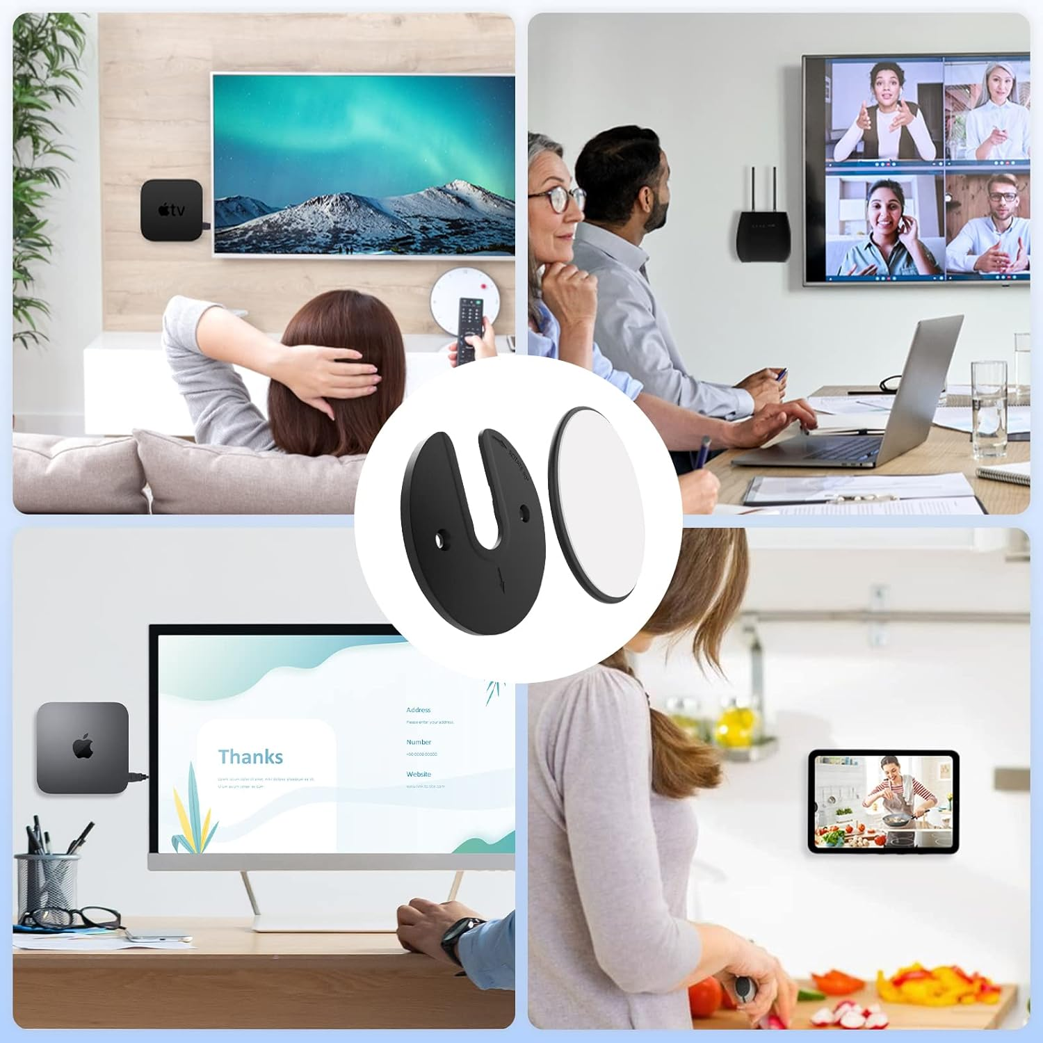 Vier Szenen: Apple TV, Videokonferenz, Mac Mini und Kochen mit Tablet.