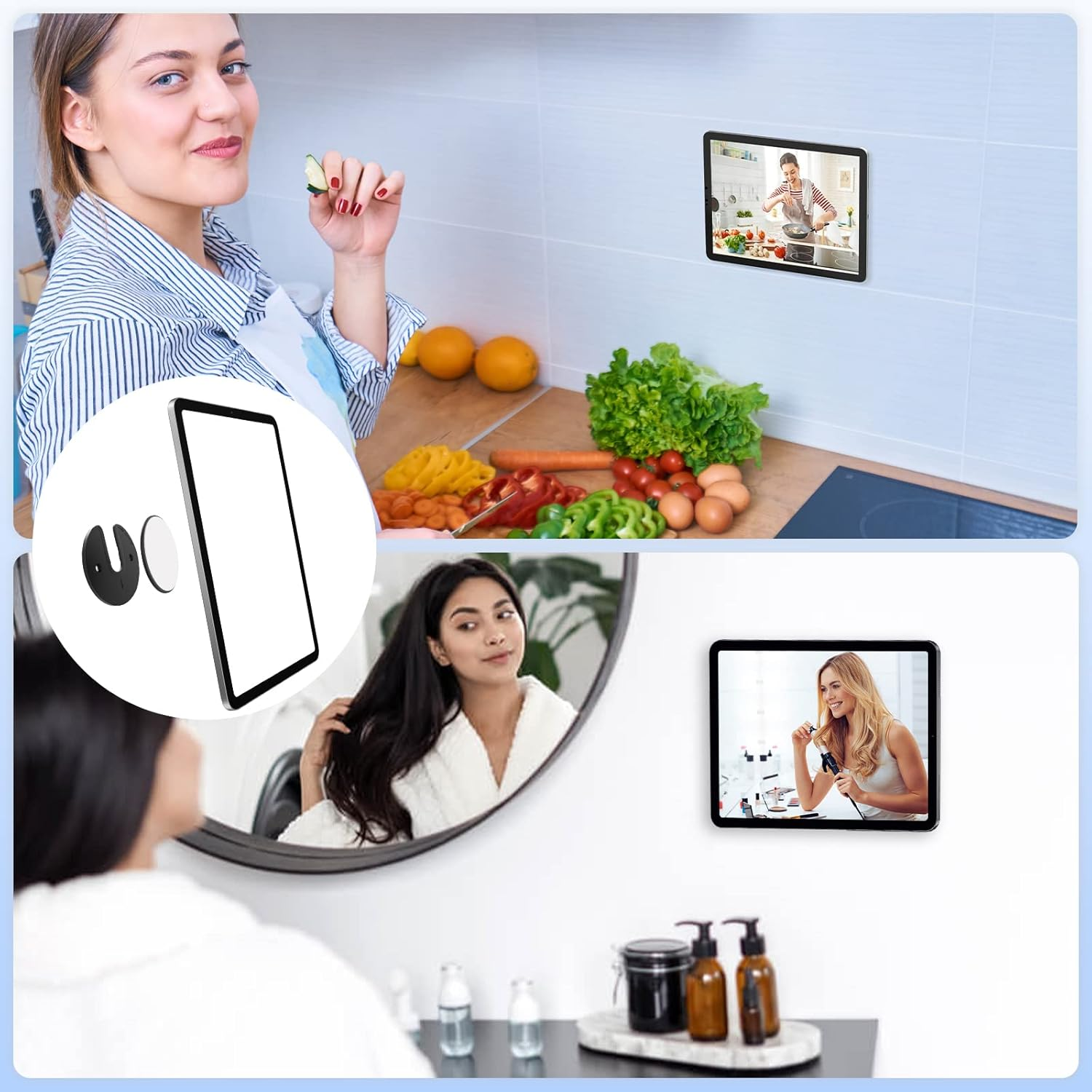 Frau in der Küche isst Gurke, daneben ein Tablet mit Rezept. Unten Frau im Bad vor Spiegel.
