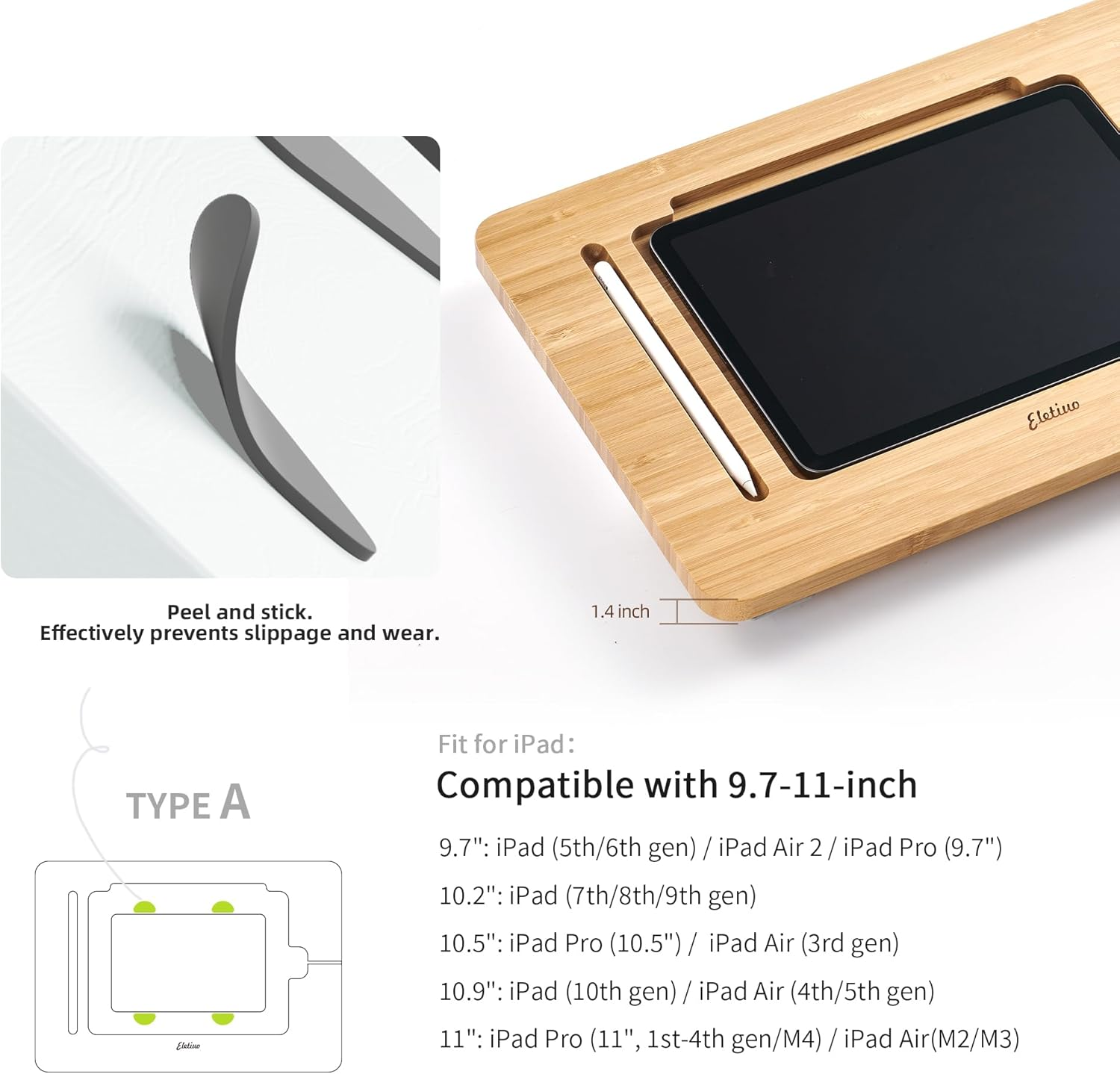 Ein Tablet auf einem Holzständer mit Bleistifthalter und Kompatibilitätsliste.