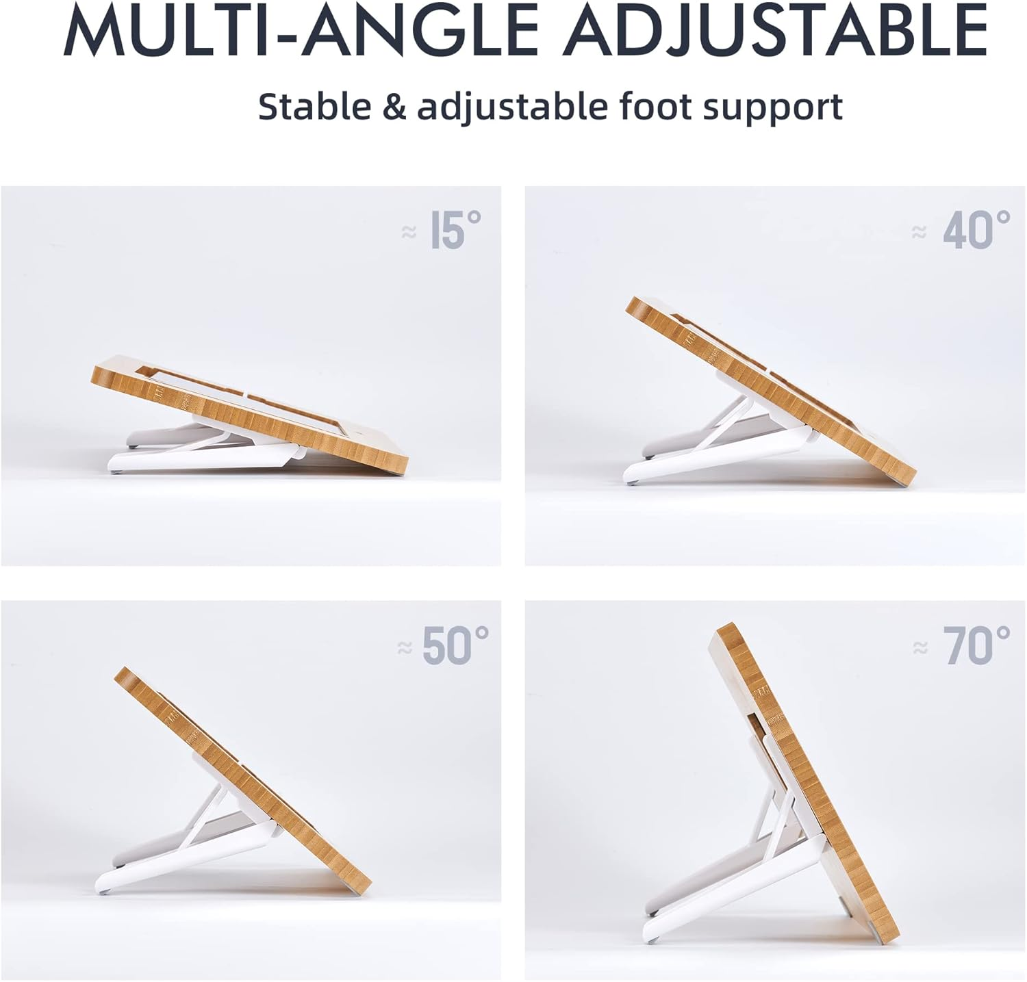 Ein verstellbarer Laptopständer aus Holz und Metall in vier Winkeln.