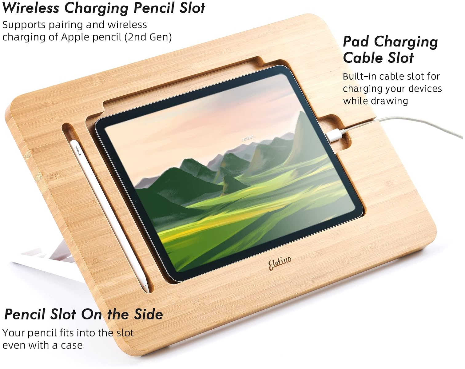 Ein hölzerner Ständer mit einem Tablet und einem Stift.