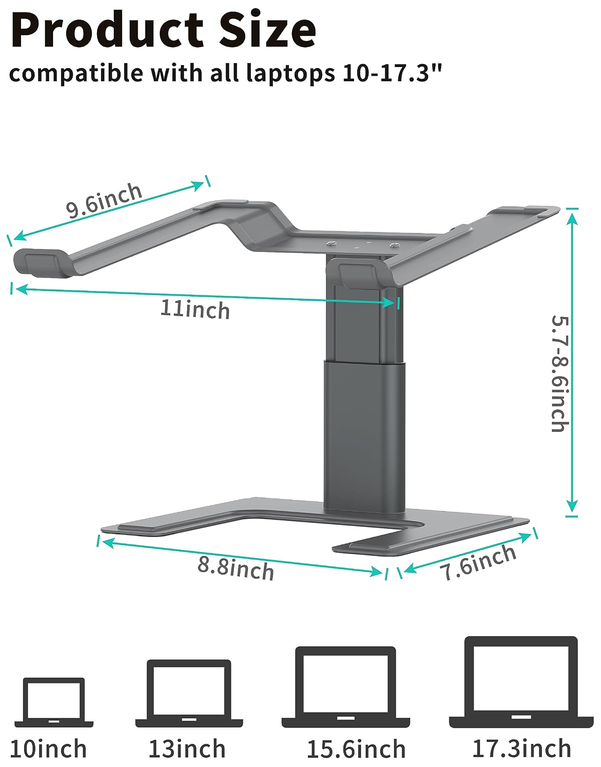 Grauer Laptop-Ständer mit Maßen und Kompatibilität mit 10-17,3-Zoll-Laptops.