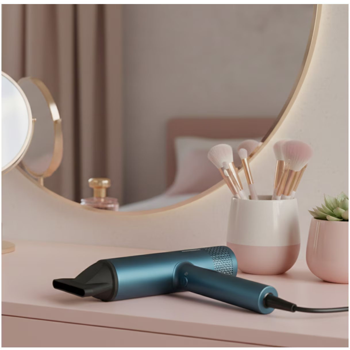 Ein blauer Haartrockner liegt auf einem rosa Schminktisch neben Make-up-Pinsel und einer Pflanze.