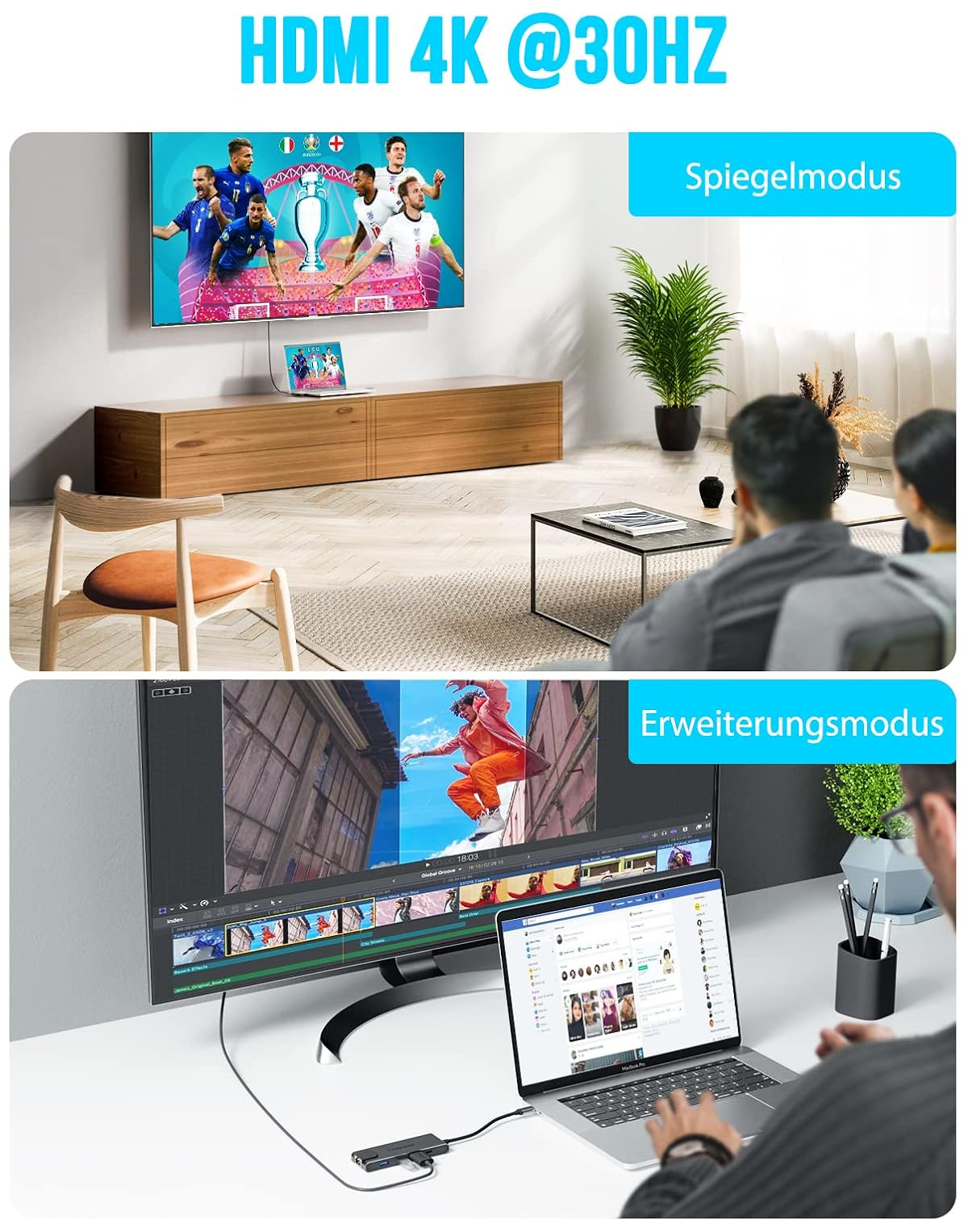 Oben: Fußballspiel auf TV, unten: Videobearbeitung am Monitor & Laptop.