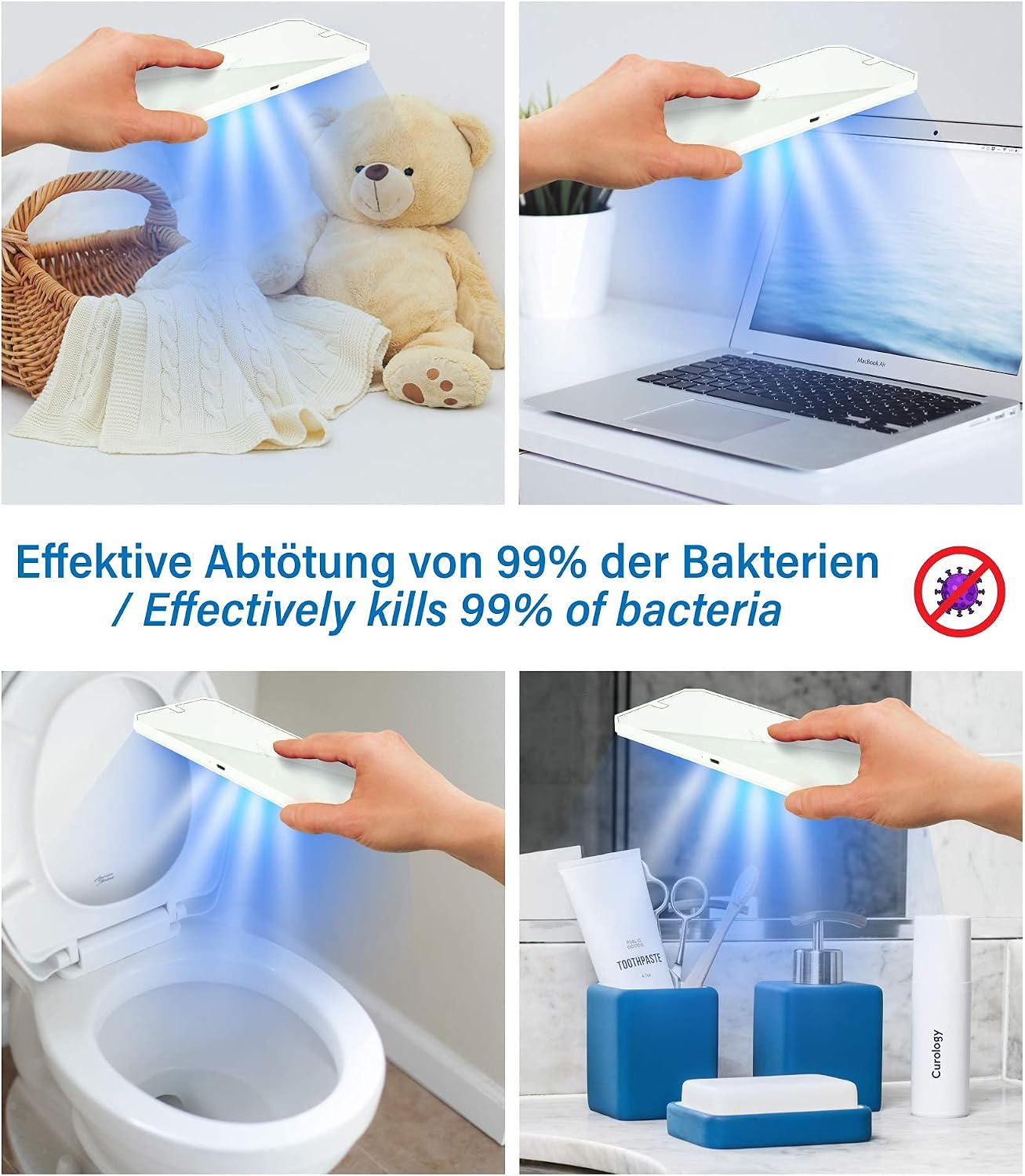 UV-Licht desinfiziert Teddybär, Laptop, Toilette und Badutensilien.