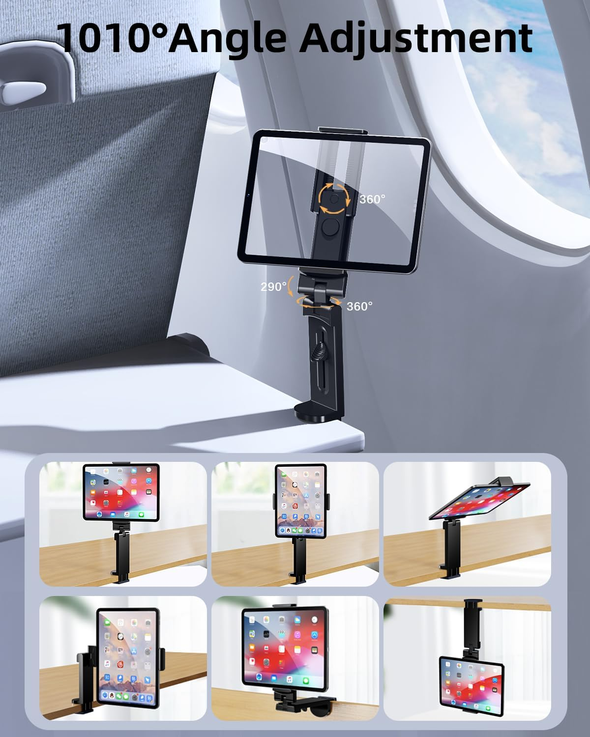 Tablet-Halterung mit 1010 Grad Verstellbarkeit, gezeigt auf einem Tisch und im Auto.