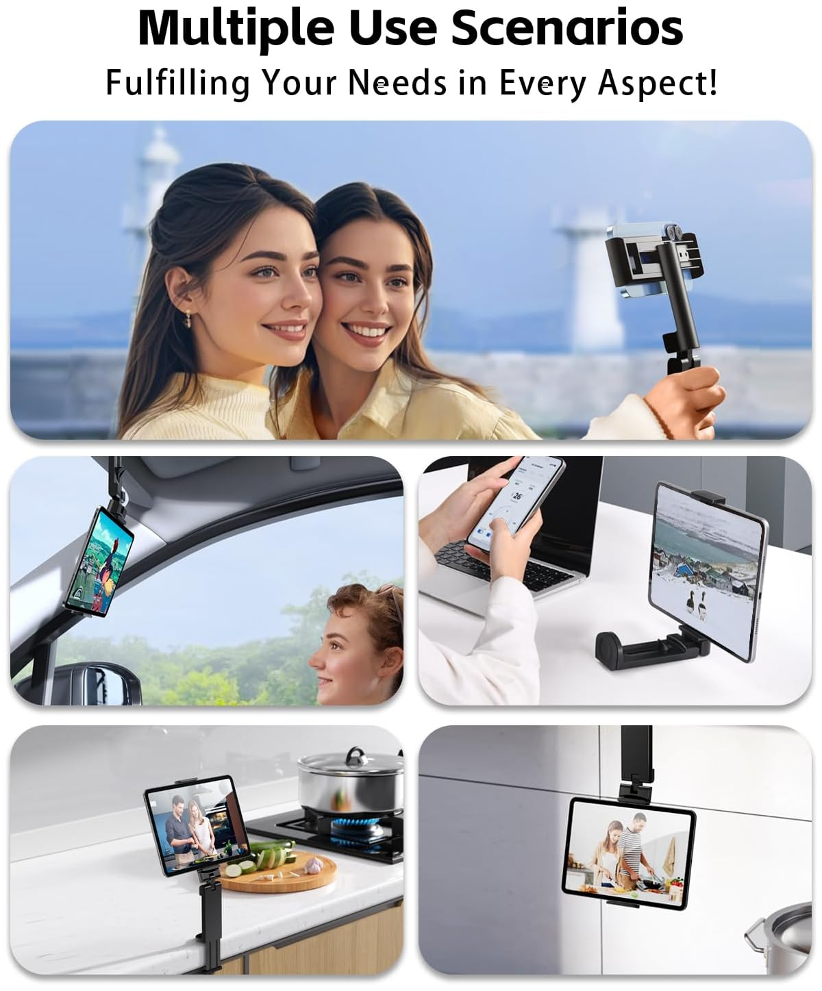 Collage zeigt Handy-Nutzung im Auto, Küche und Schreibtisch, plus zwei Frauen beim Selfie.