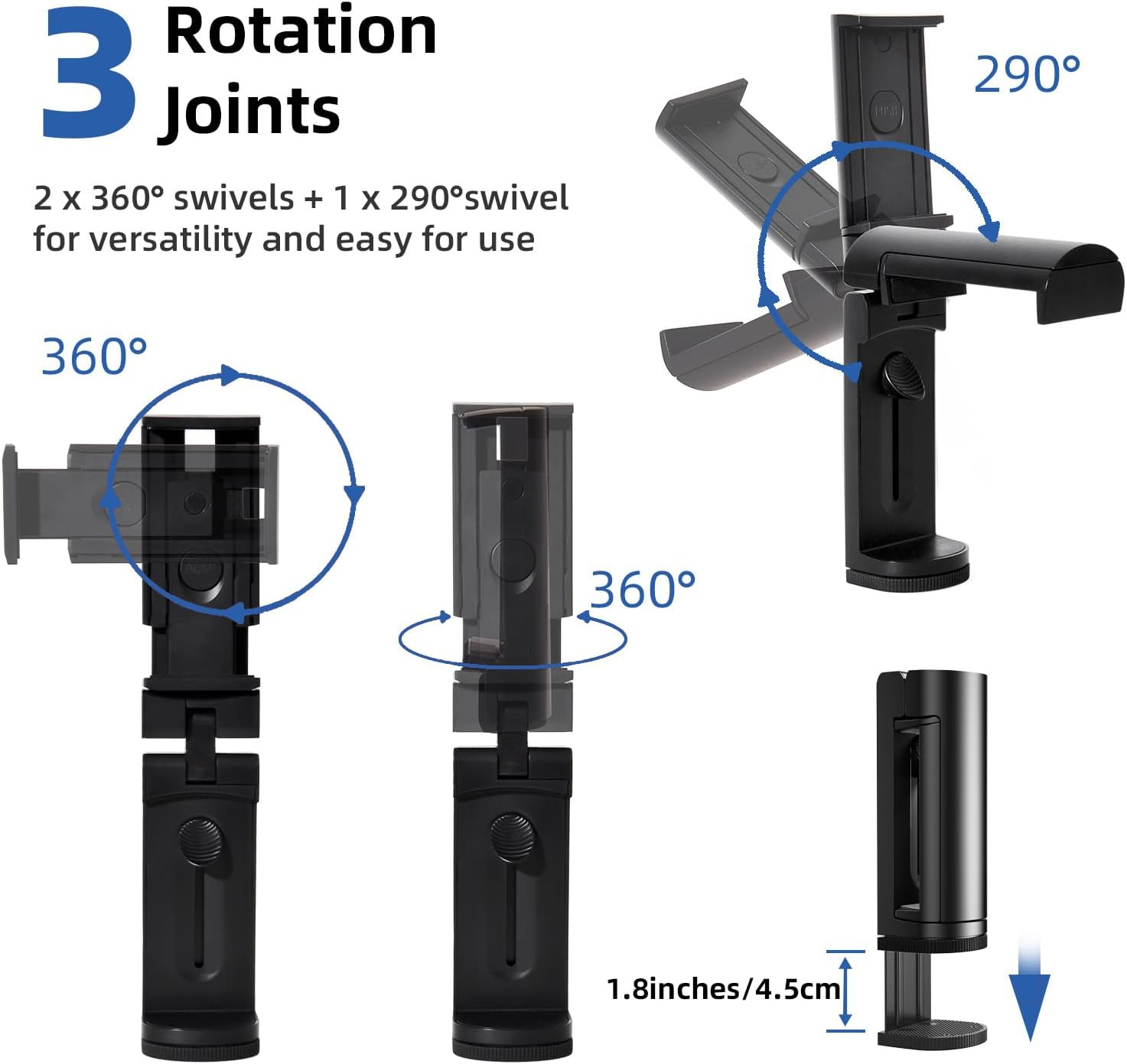 Schwarz Handyhalterung mit 3 Rotationsgelenken: zwei 360°, eine 290°.