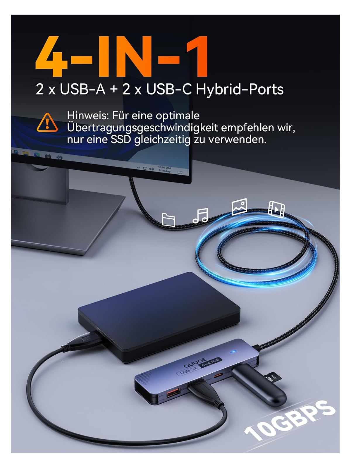Ein 4-in-1 USB-Hub mit 2x USB-A und 2x USB-C Hybrid-Ports.