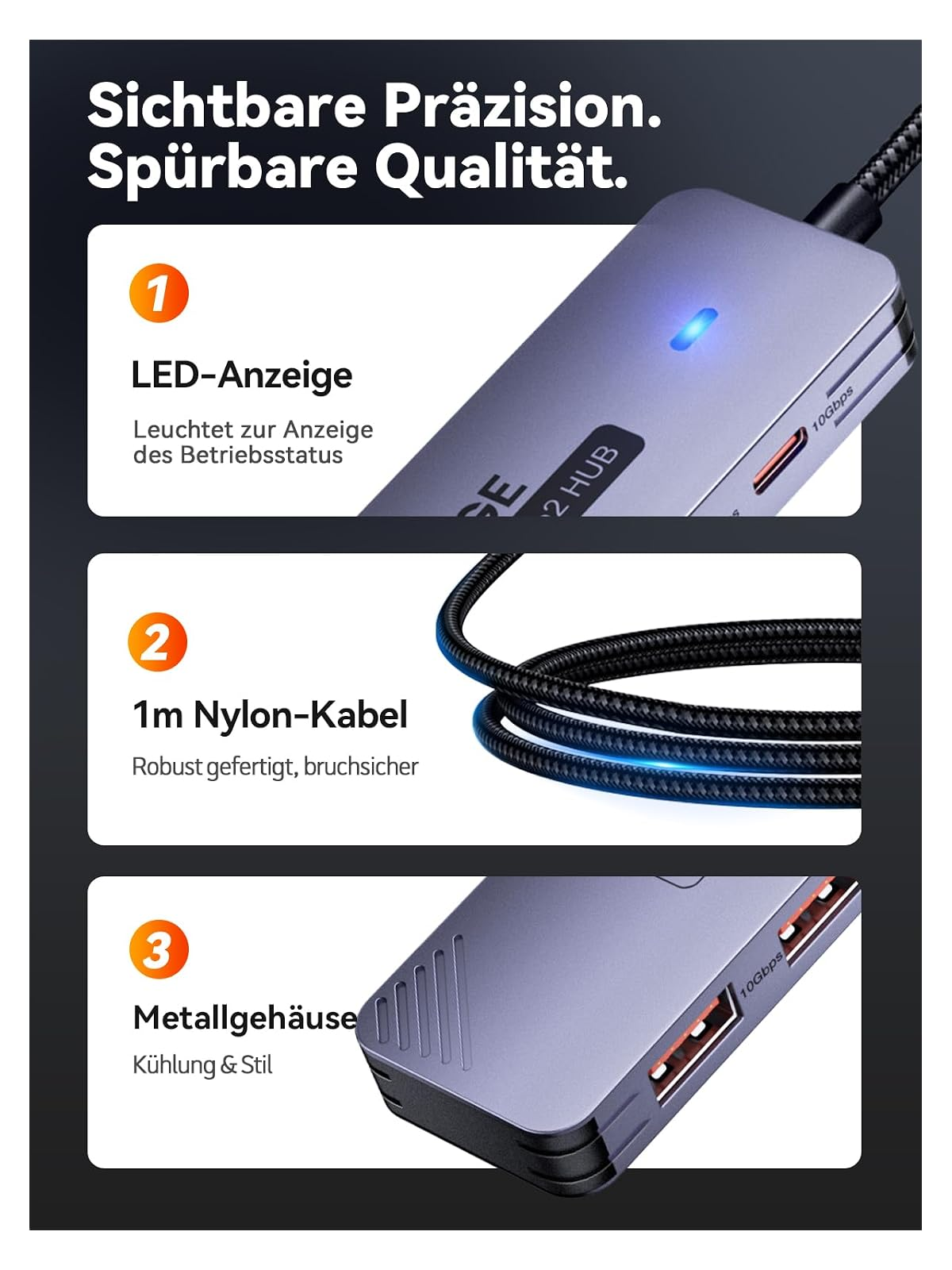 Ein USB-C-Hub mit LED, Kabel und Metallgehäuse wird gezeigt.