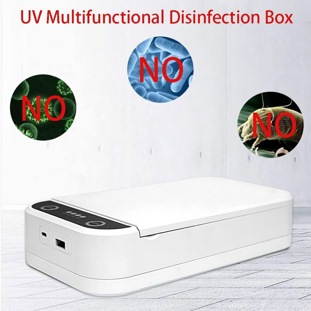 Eine weiße UV-Desinfektionsbox mit drei Kreisen, die Mikroben und Milben zeigen, jeweils mit rotem 'NO'.