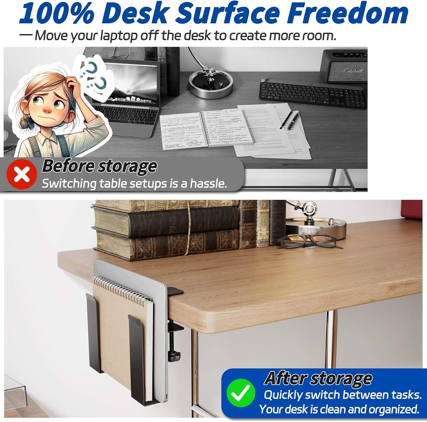Vorher: Chaotischer Schreibtisch. Nachher: Ordentlicher Schreibtisch mit Organizer.