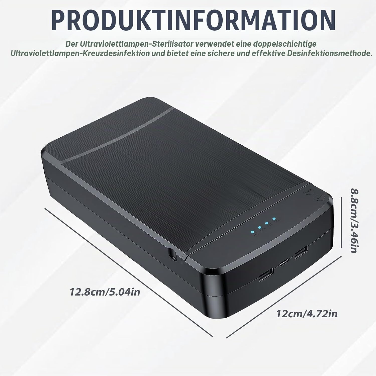 Schwarzer UV-Sterilisator mit Maßen 12,8 x 12 x 8,8 cm, mit USB-Anschlüssen.