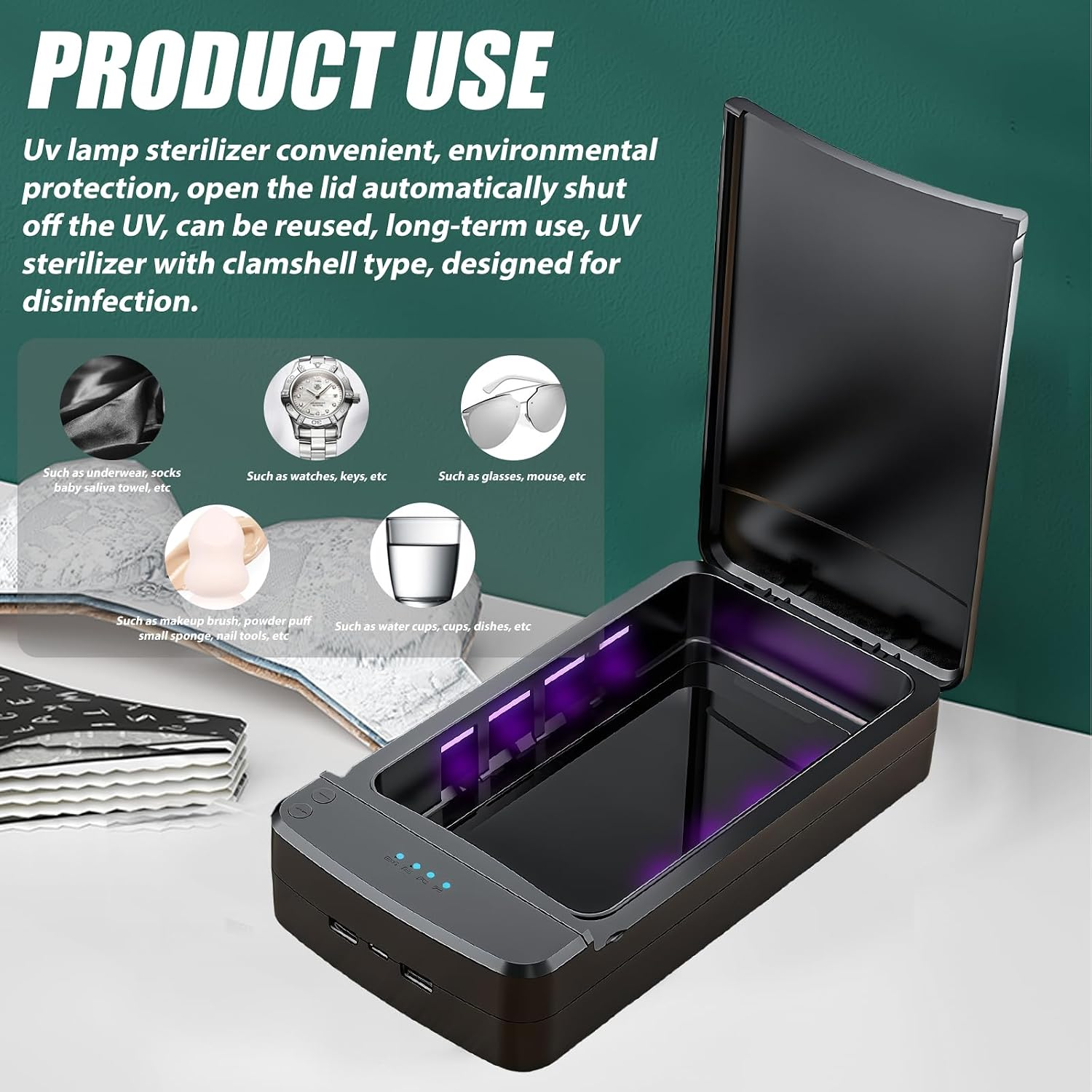 Ein offener UV-Sterilisator mit blauem Licht für kleine Gegenstände wie Uhren und Brillen.