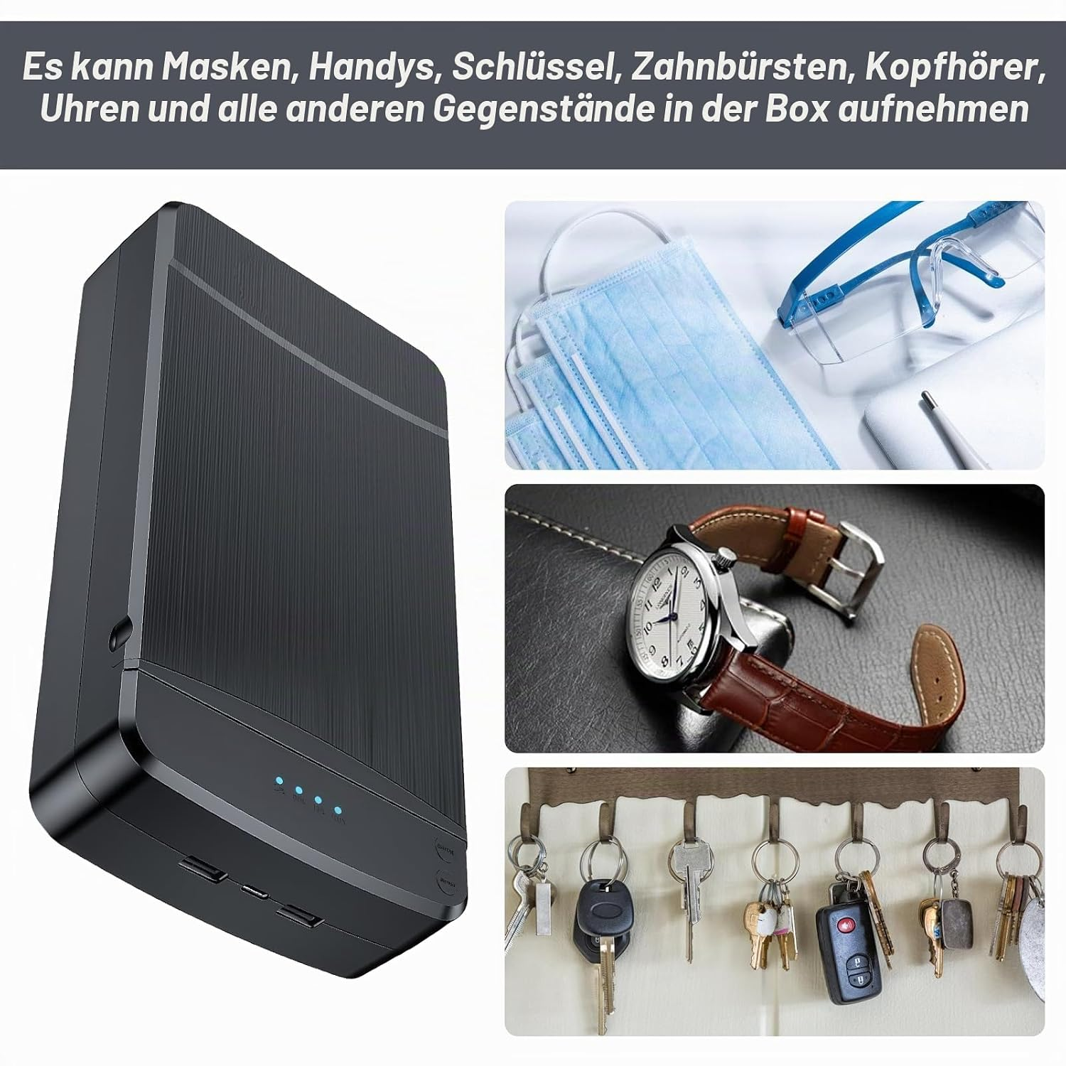 Schwarzes Gehäuse mit Masken, Brille, Uhr und Schlüssel.