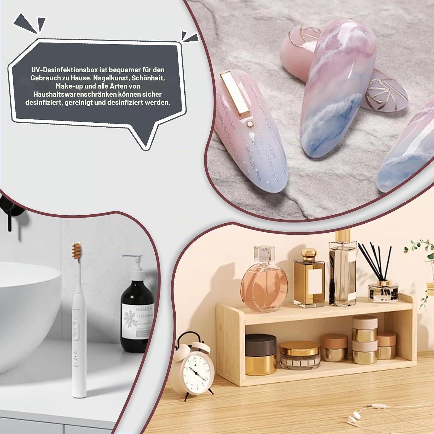 Kollektion von Kosmetik und Pflegeprodukten auf einem Regal, mit Nagellack-Designs.