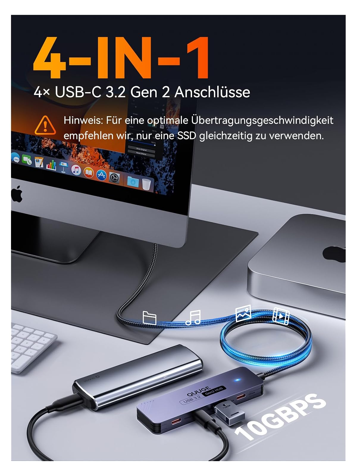 4-in-1 USB-C Hub mit 10Gbps, angeschlossen an einen Mac.