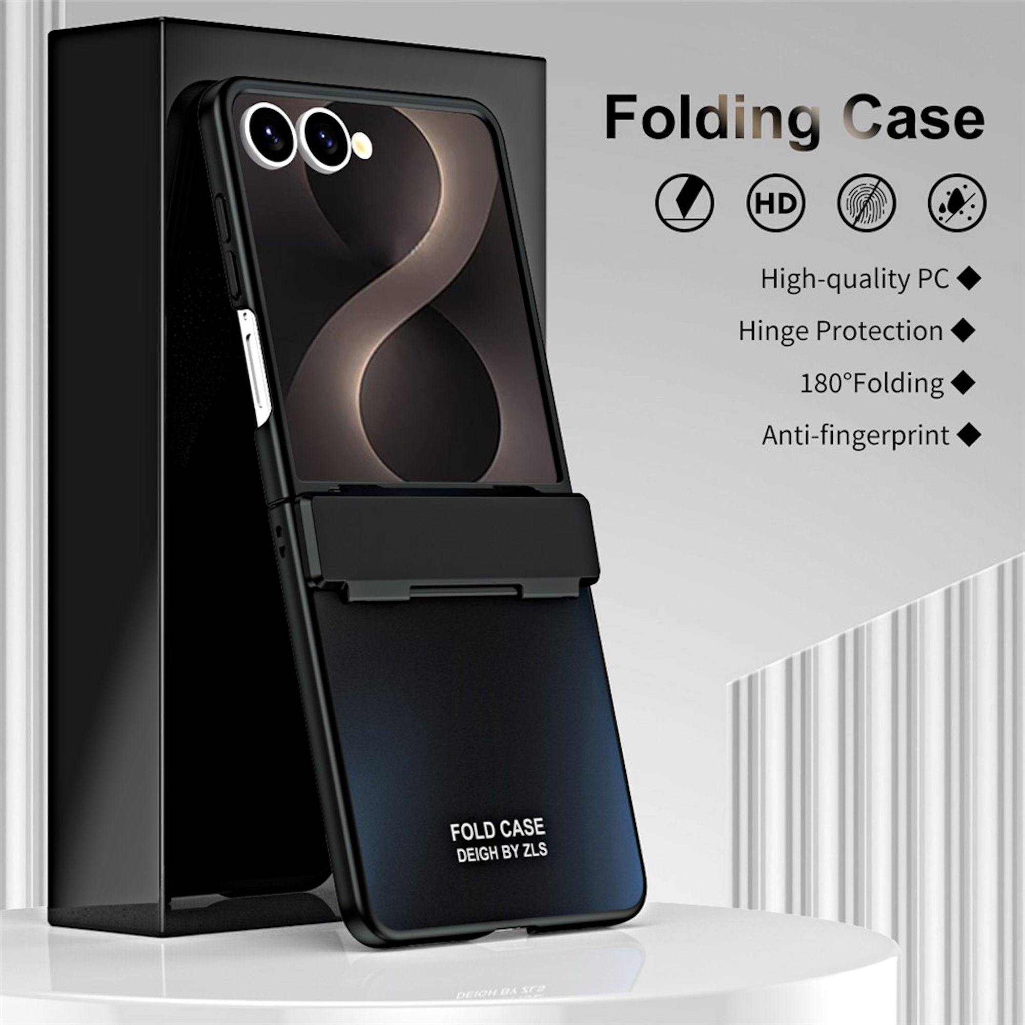 Schwarze Handyhülle mit Kameraset und Aufdruck 'FOLD CASE'.