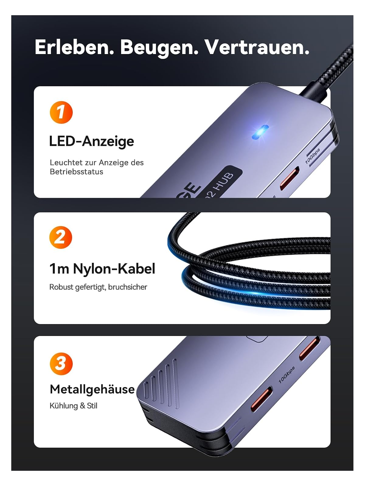 Ein grauer USB-C Hub mit blauer LED, schwarzem Kabel und 10Gbps Anschlüssen.