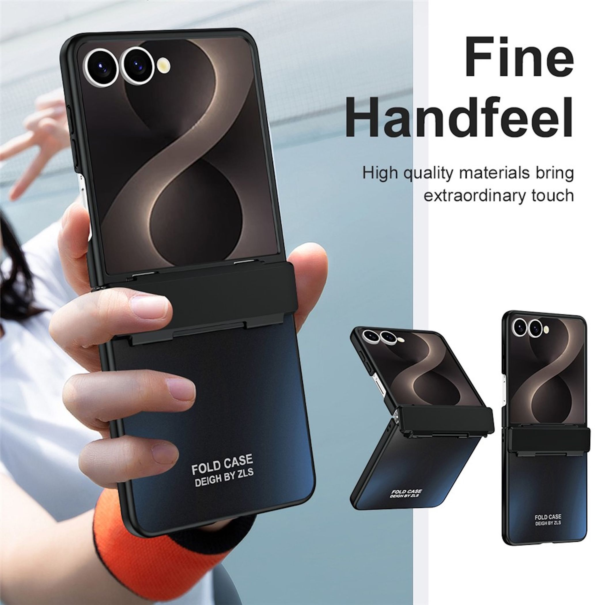 Schwarze Handyhülle mit Kameras, die von Händen gehalten wird.