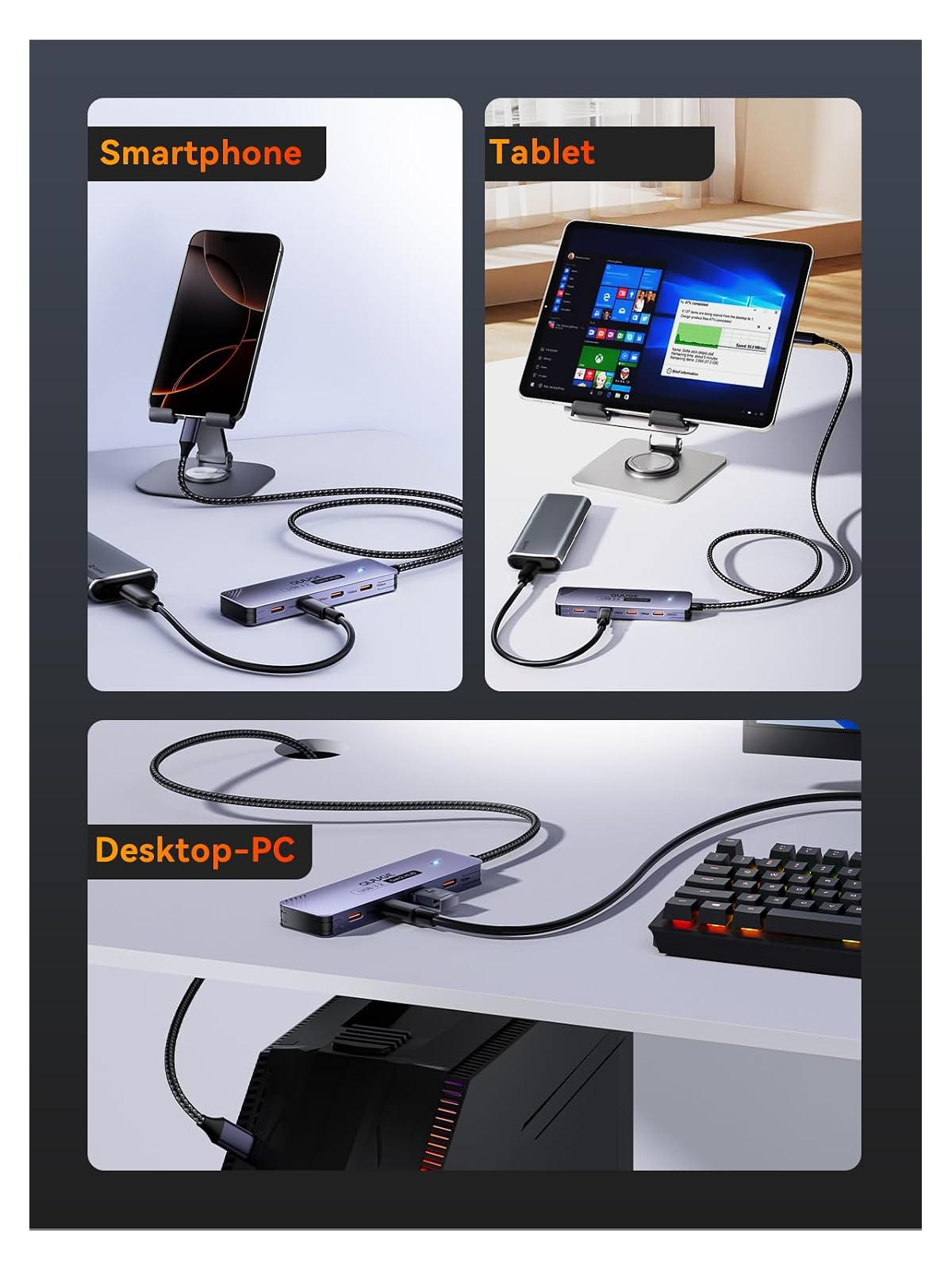 Ein Smartphone, Tablet und Desktop-PC sind mit einem USB-Hub verbunden.