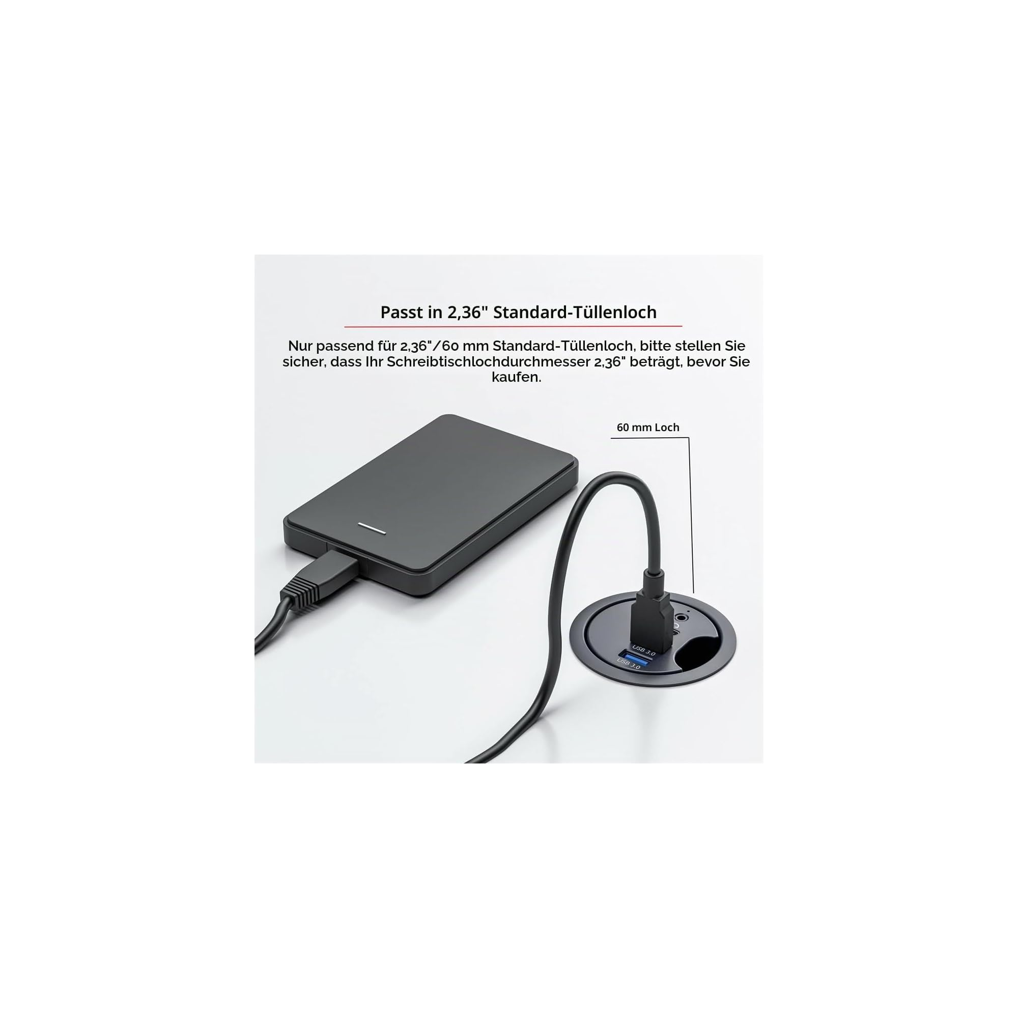 Schwarzes externes Laufwerk angeschlossen an eine 60-mm-Tischdurchführung mit USB 3.0 Anschlüssen.