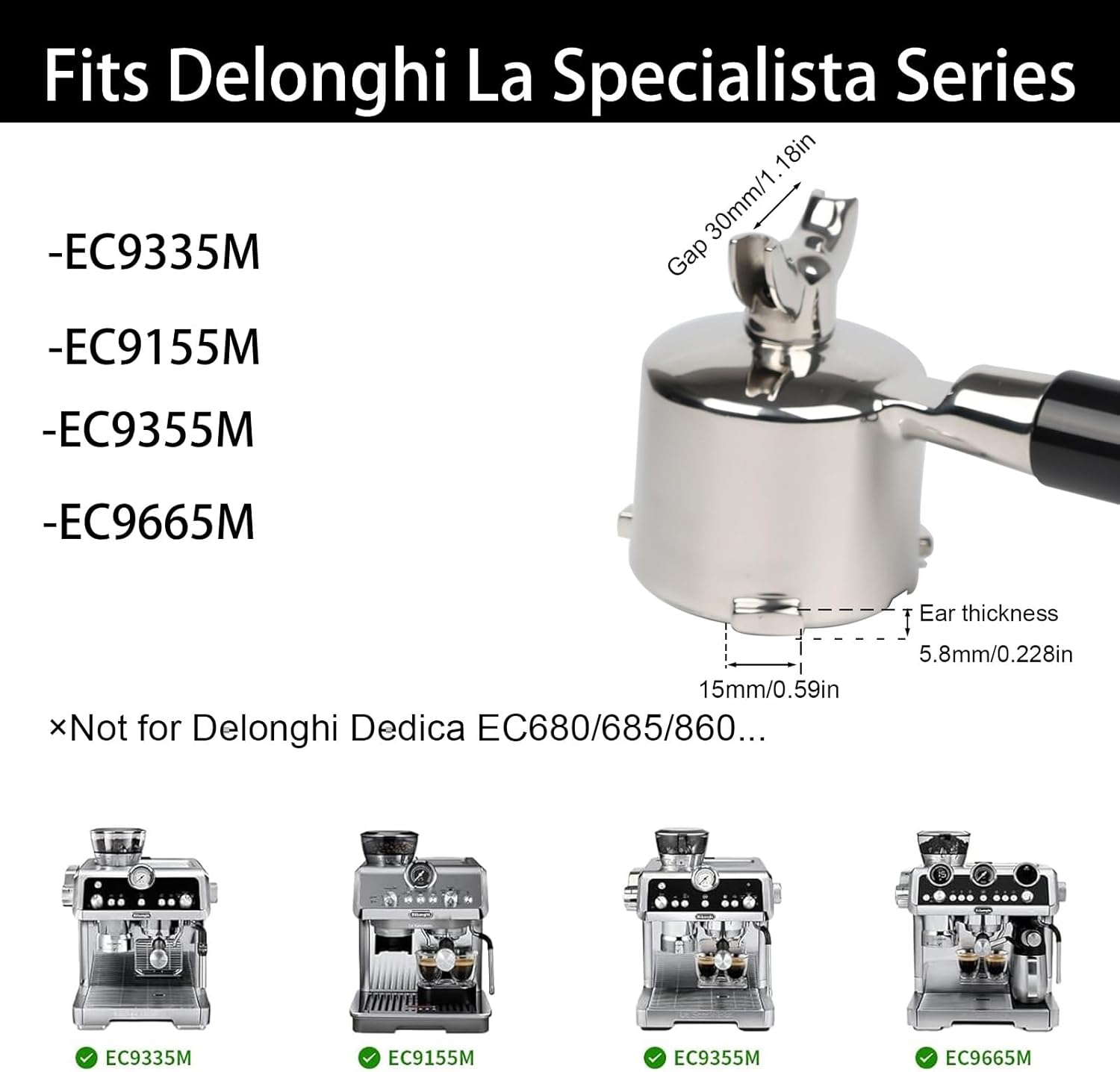 Siebträger für Delonghi La Specialista Kaffeemaschinen mit Maßen.