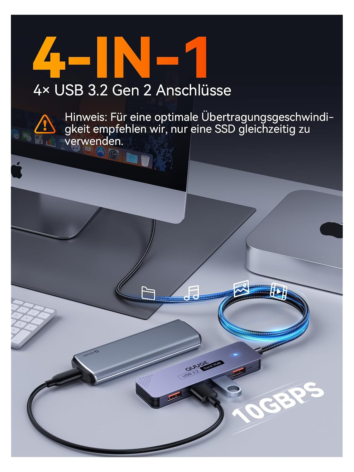 Ein USB-Hub mit vier Anschlüssen für Computerzubehör.
