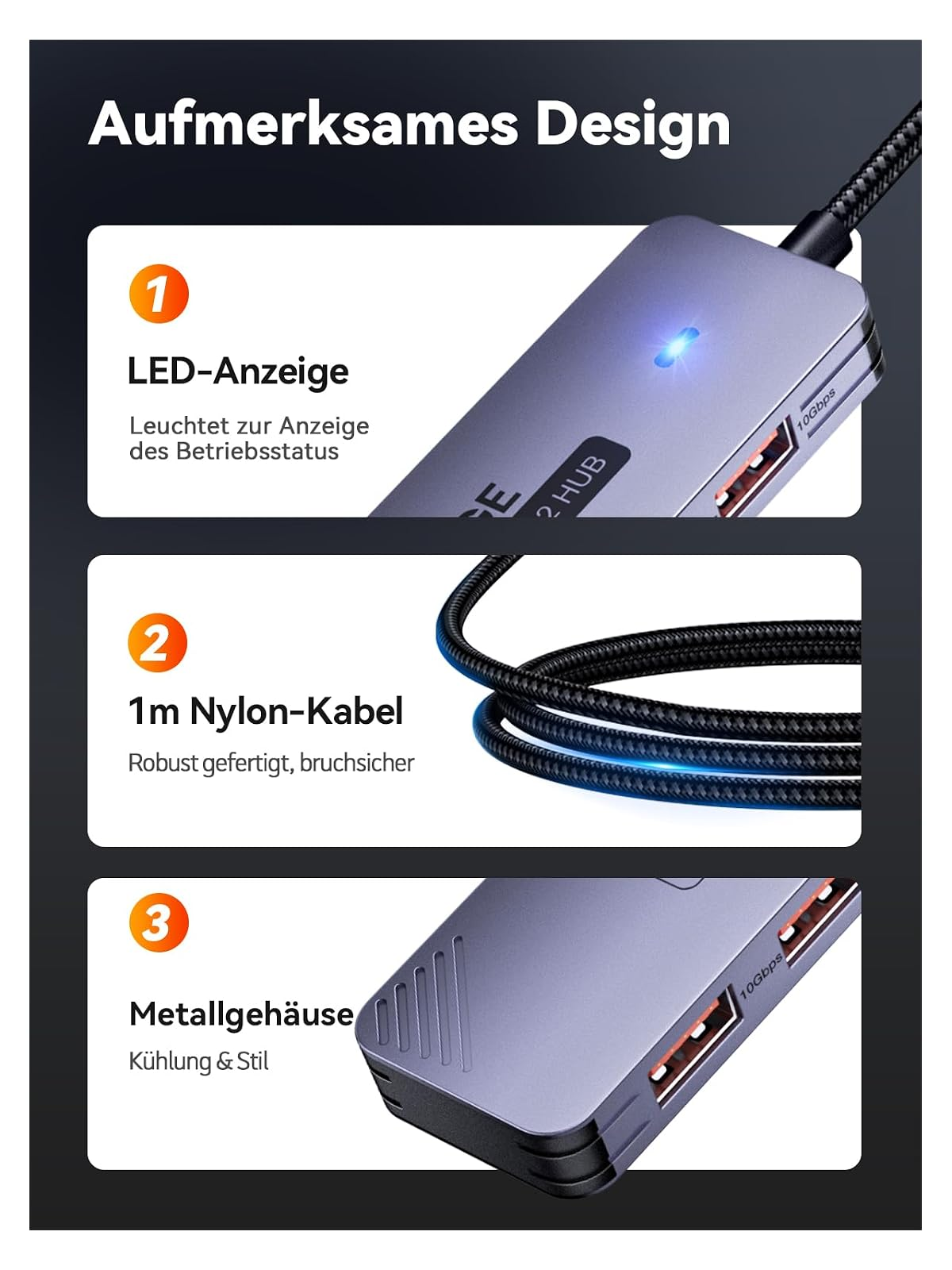 Grauer USB-Hub mit LED, 1m Kabel und Metallgehäuse.