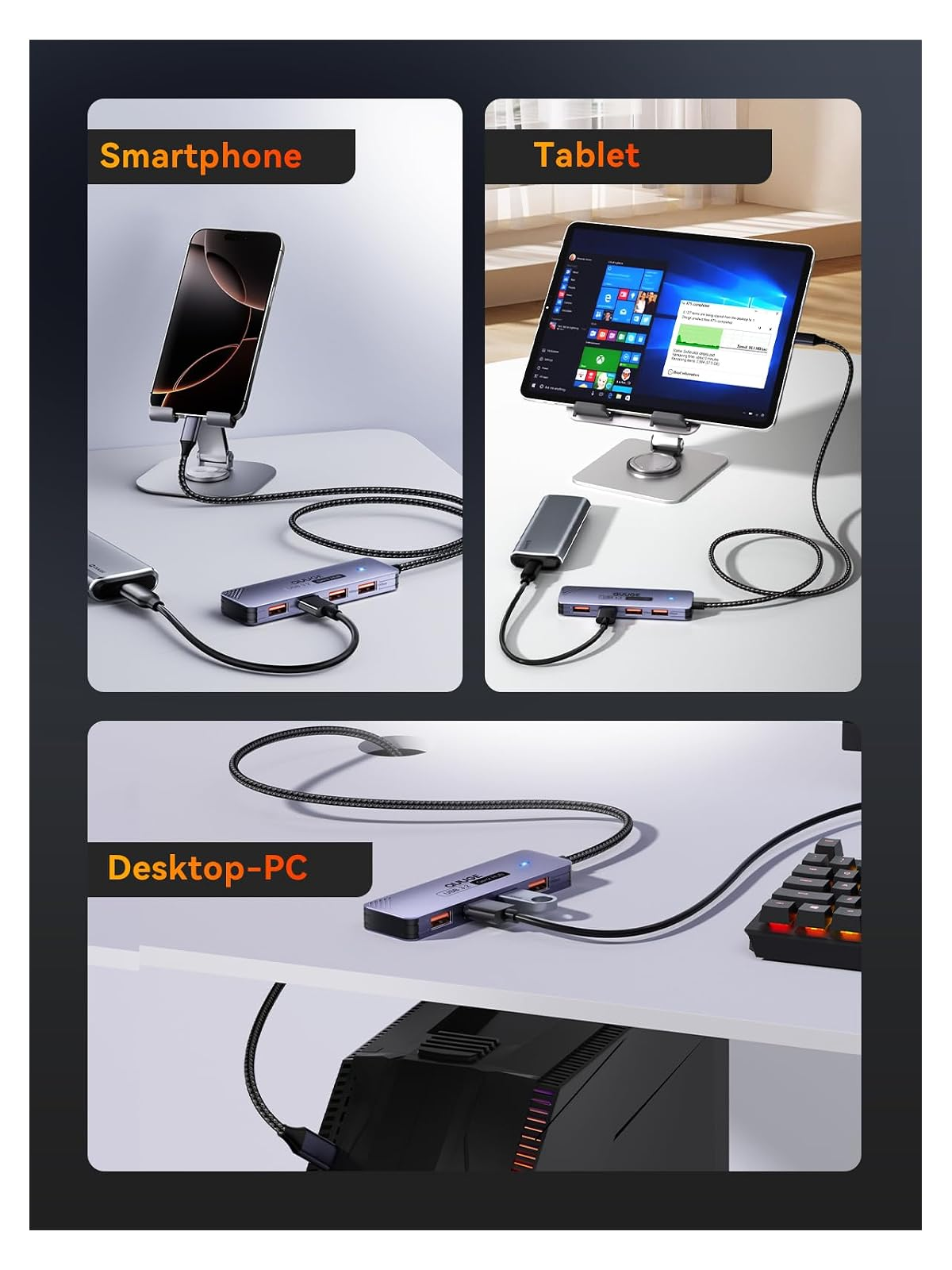 Grauer USB-C-Hub verbindet Smartphone, Tablet und Desktop-PC mit einem Schreibtisch.