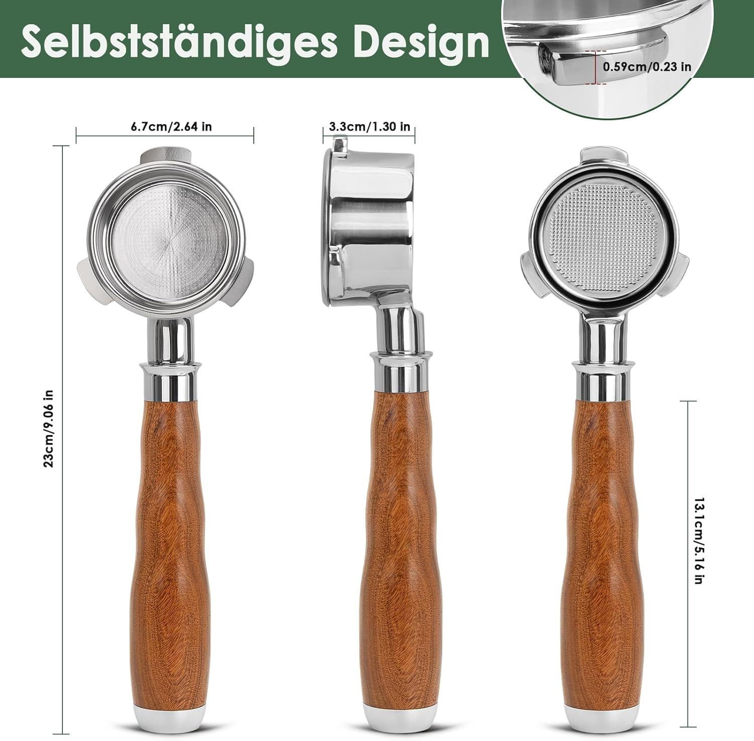 Espressomaschinen-Siebträger mit Holzgriff, Maße angegeben.