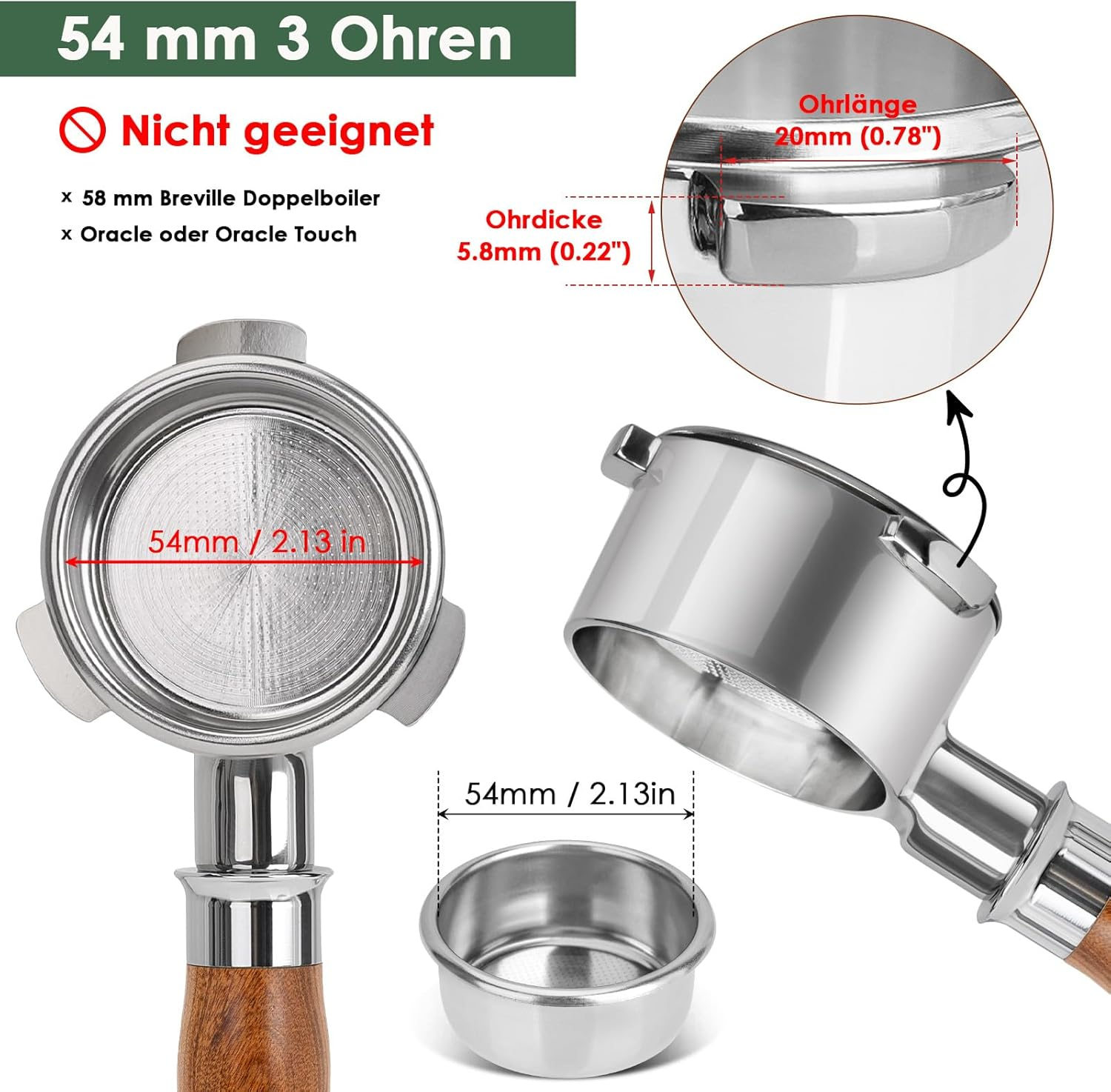 54mm Kaffeefilter mit 3 Ohren, nicht geeignet für 58mm Maschinen.