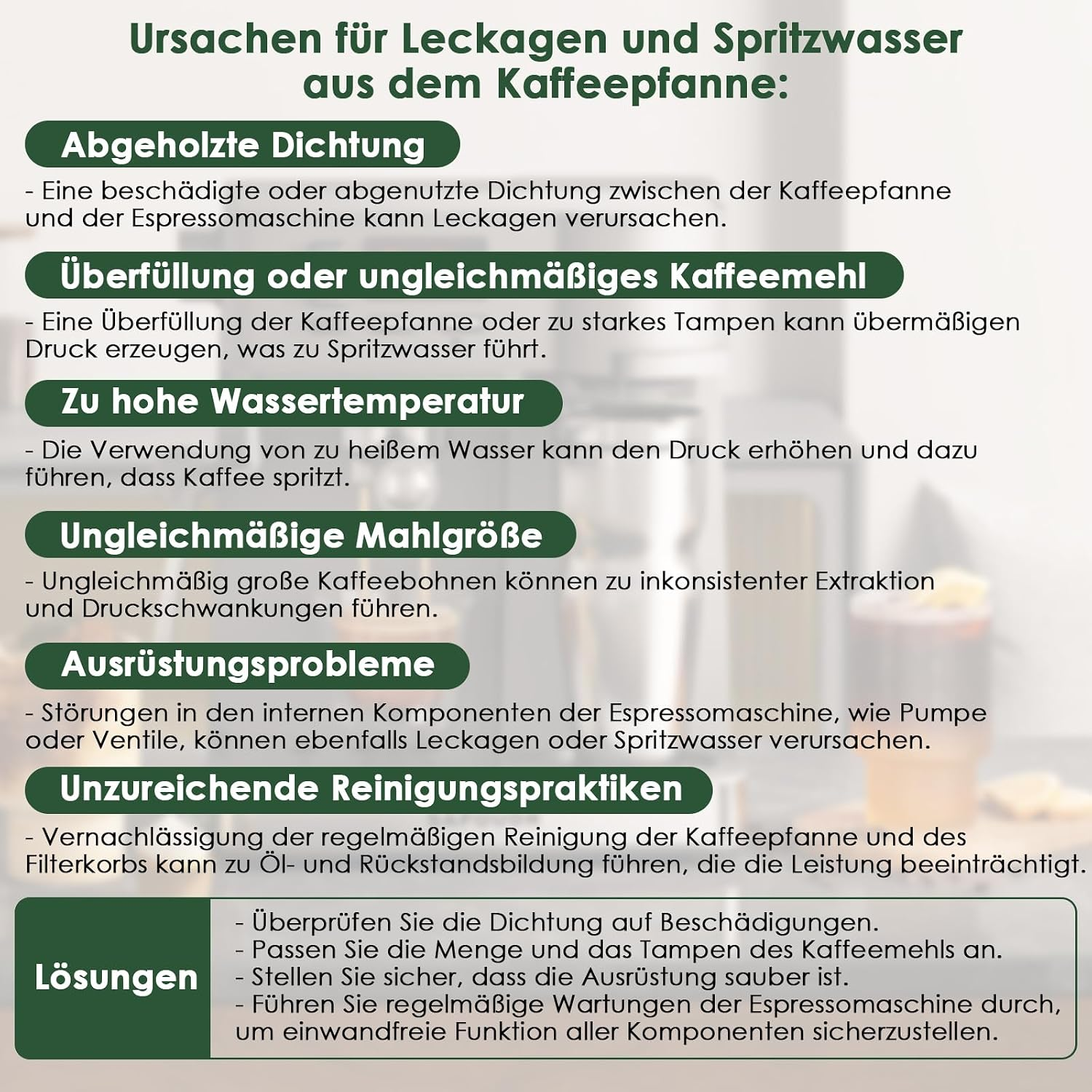 Liste von Ursachen für Kaffeemaschinenprobleme wie Leckagen und Spritzwasser.