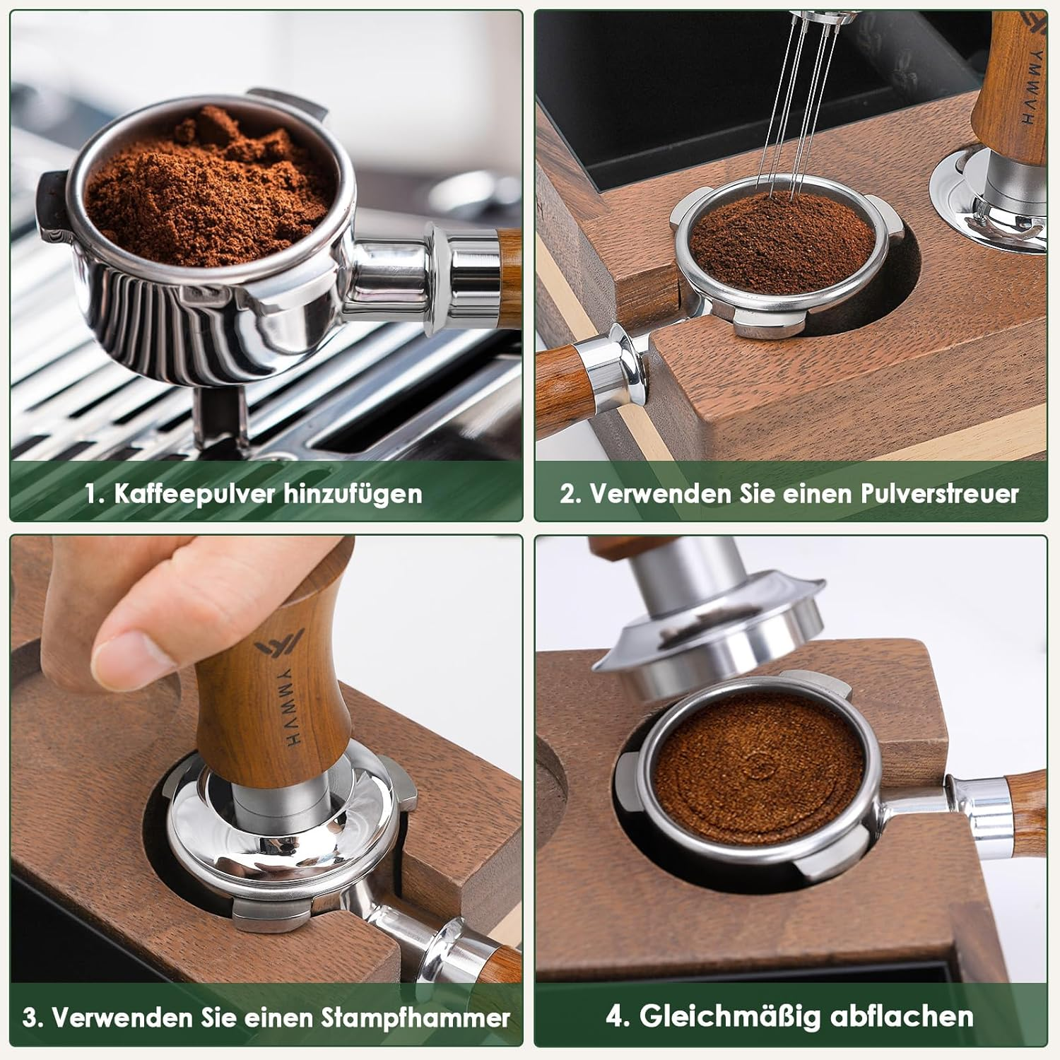 Vier Schritte zur Kaffeezubereitung: Pulver einfüllen, verteilen, stampfen, abflachen.