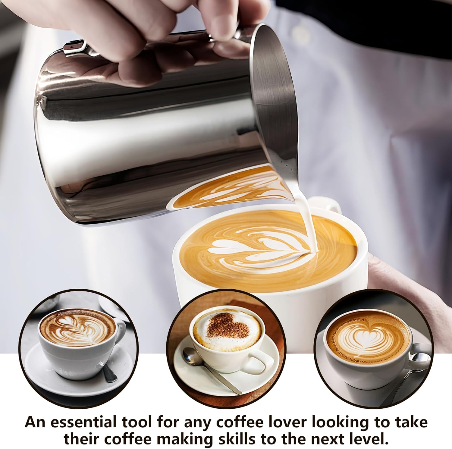 Barista gießt Milchschaum in Kaffee für Latte Art, drei Kaffees im Überblick.