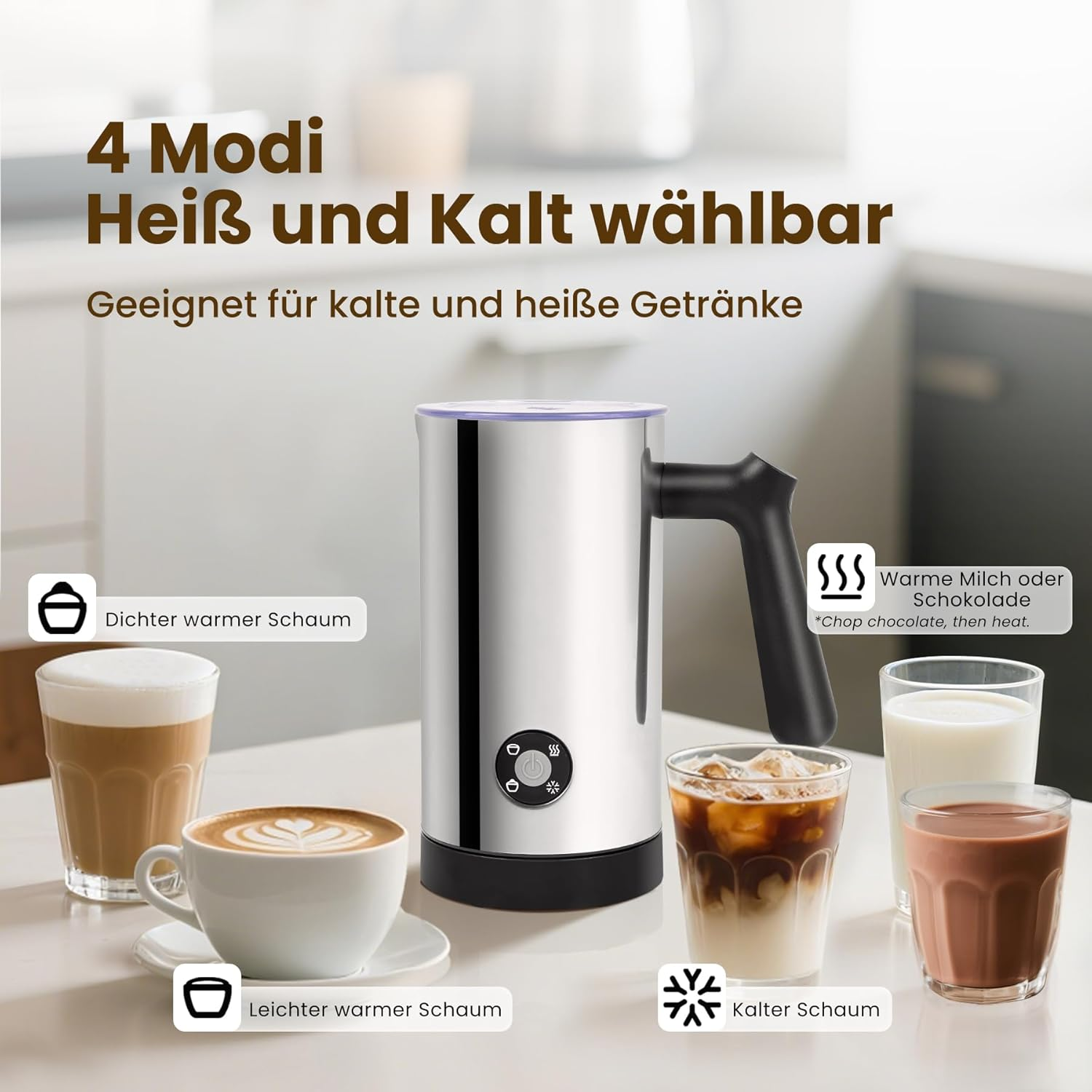 Milchaufschäumer mit vier Modi: heiß/kalt. Zeigt heiße und kalte Getränke an.