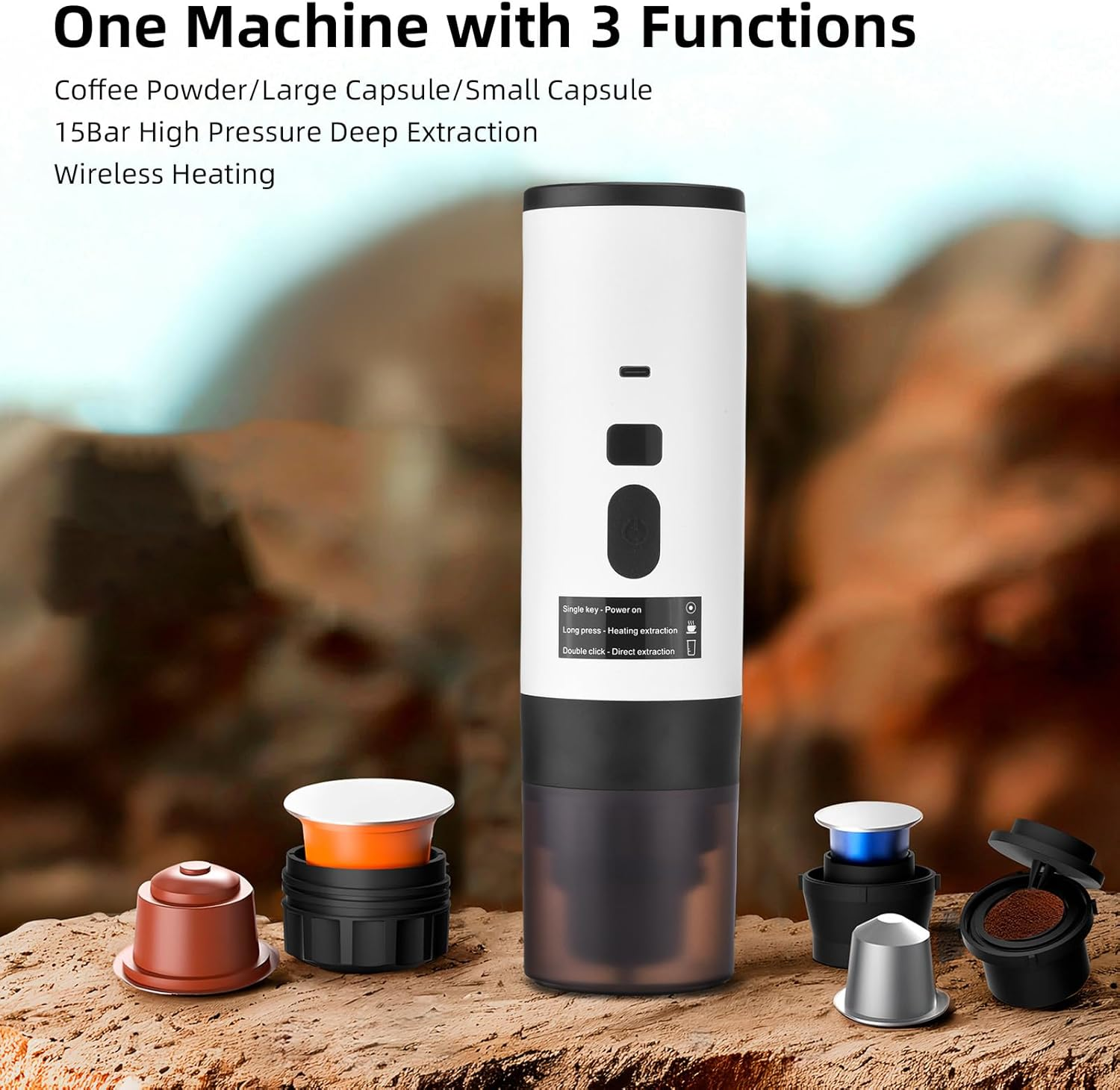 Kaffeemaschine mit drei Kapseln und Pulver. Drahtlose Heizung.