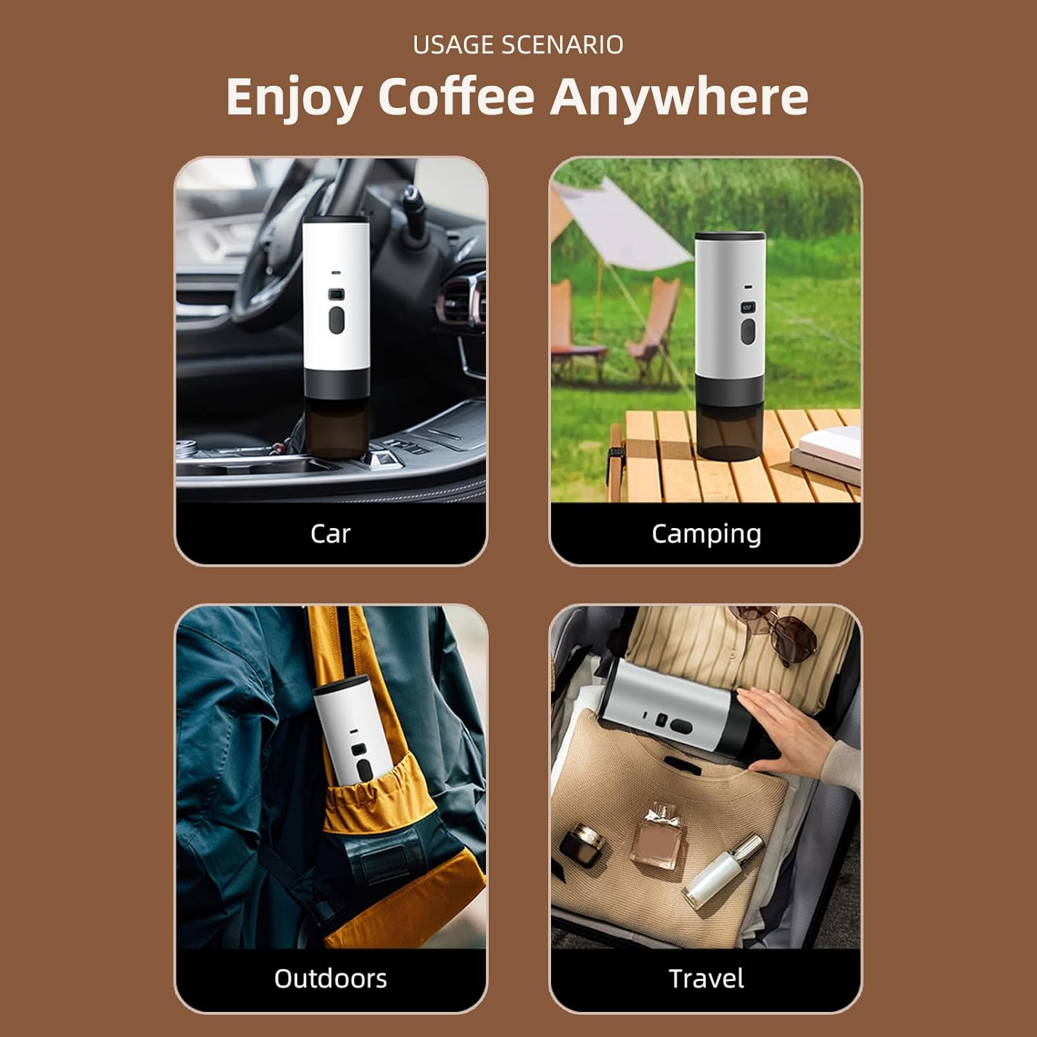 Tragbare Kaffeemaschine in Auto, Camping, Outdoor und Reise-Szenarien.