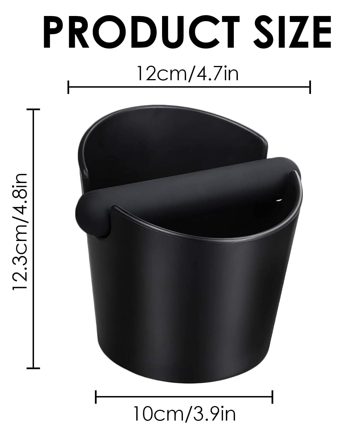 Schwarzer Kaffeesatzbehälter mit Abmessungen: 12,3 cm H, 10 cm B, 12 cm L.