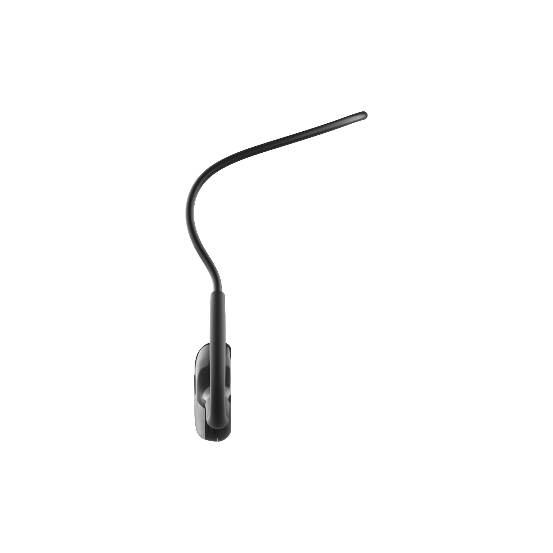 Eine schwarze Schreibtischlampe mit flexiblem Arm ist auf weißem Hintergrund abgebildet.
