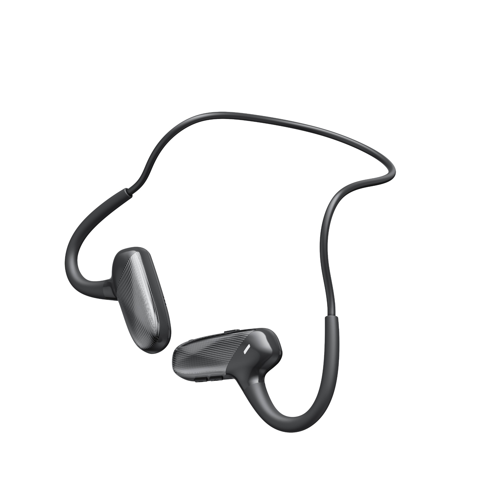 Schwarze Nackenbügel-Kopfhörer mit gerillten Ohrstücken und Kabel.