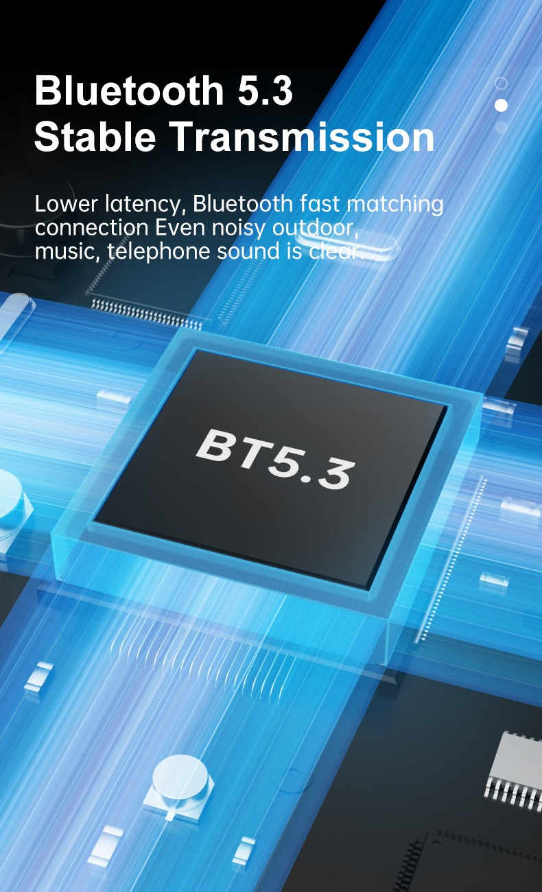Eine schematische Darstellung eines Bluetooth 5.3 Chips mit blauen Lichtstrahlen.