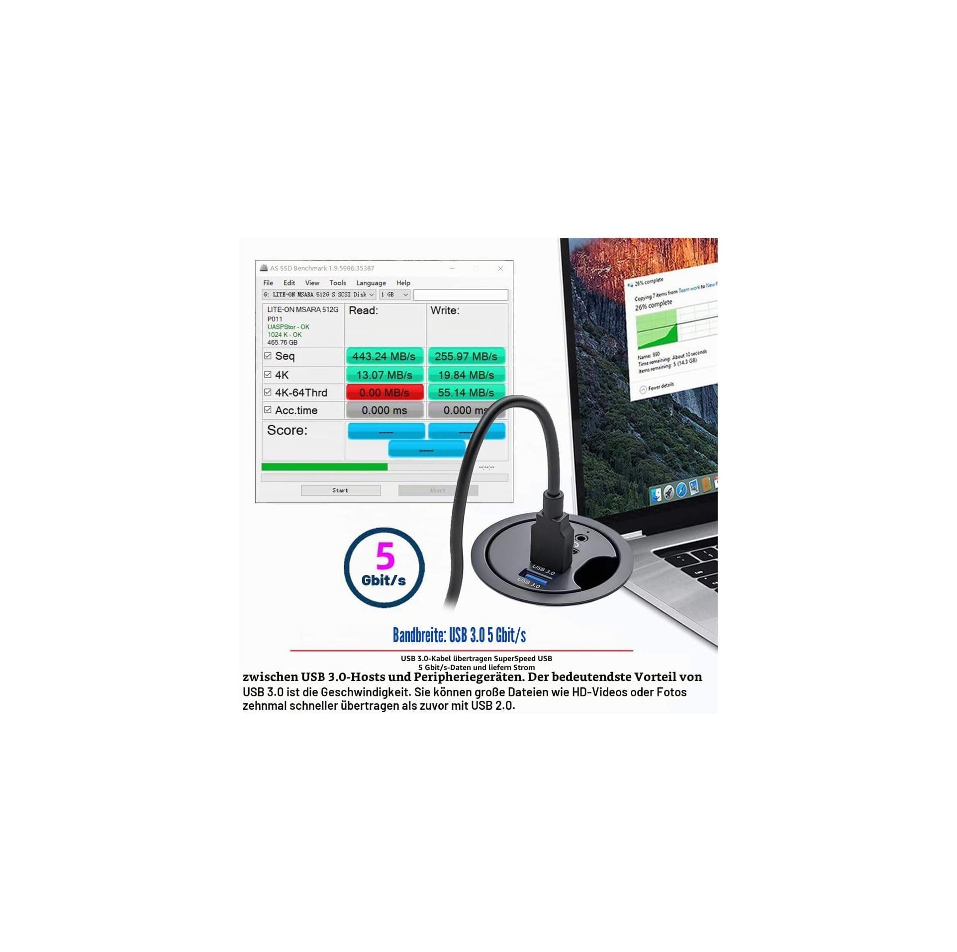 AS SSD Benchmark zeigt 443.24 MB/s Lesen und 255.97 MB/s Schreiben. USB 3.0 mit 5 Gbit/s.