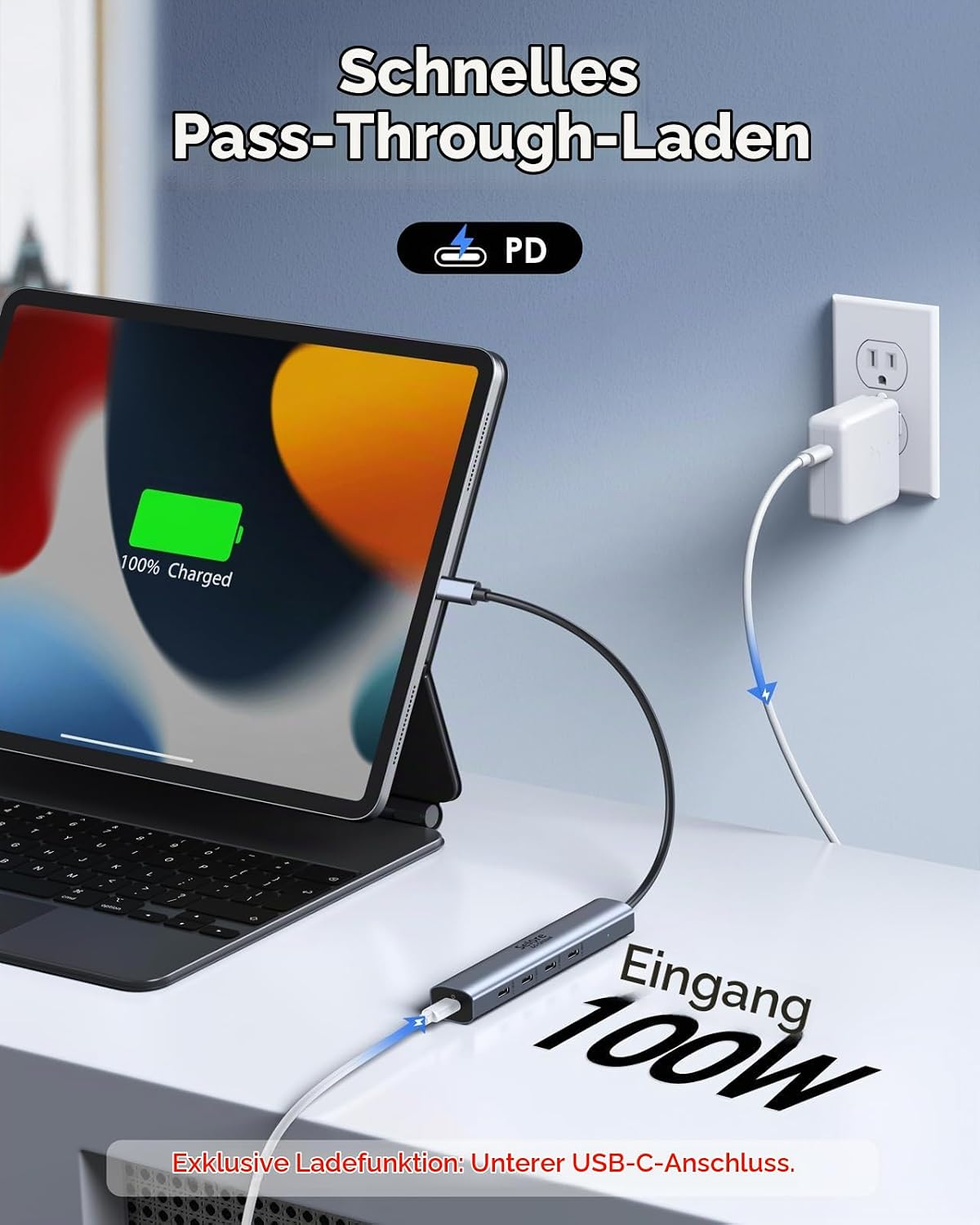 Ein Tablet wird über einen USB-C-Hub mit Strom versorgt, der an eine Steckdose angeschlossen ist.