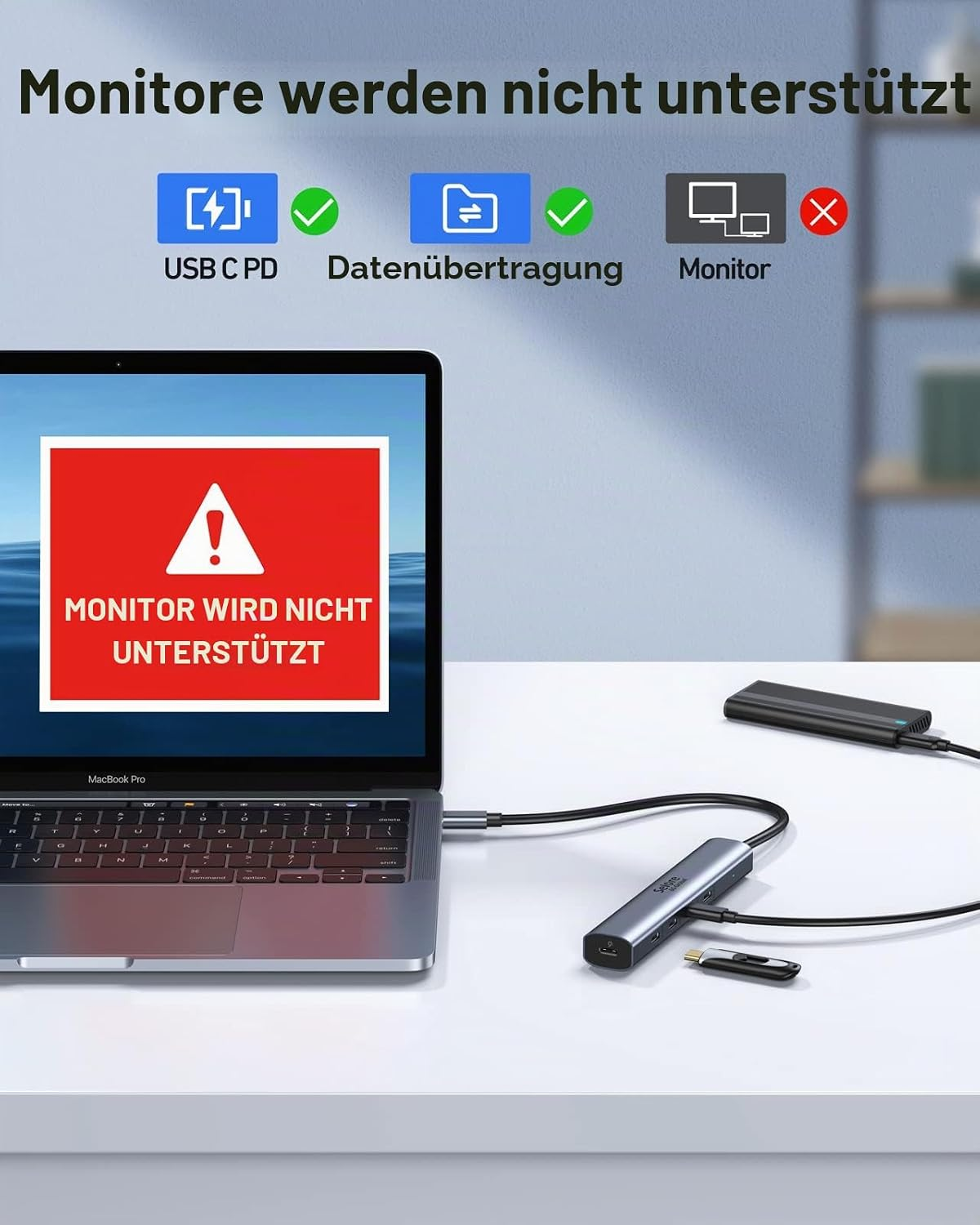 MacBook Pro mit USB-C-Hub, aber Monitor wird nicht unterstützt.