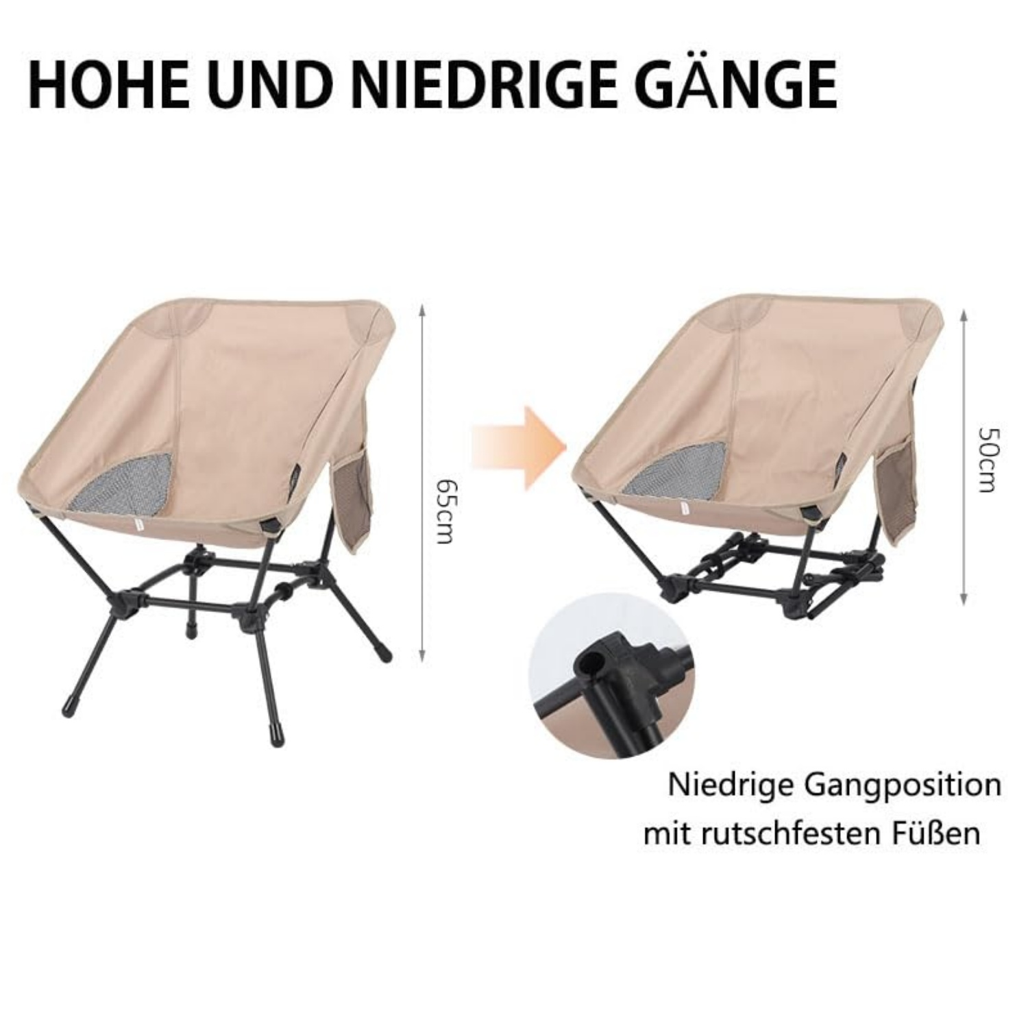 Zwei beige Campingstühle im Vergleich: einer hoch (65cm), einer niedrig (50cm).