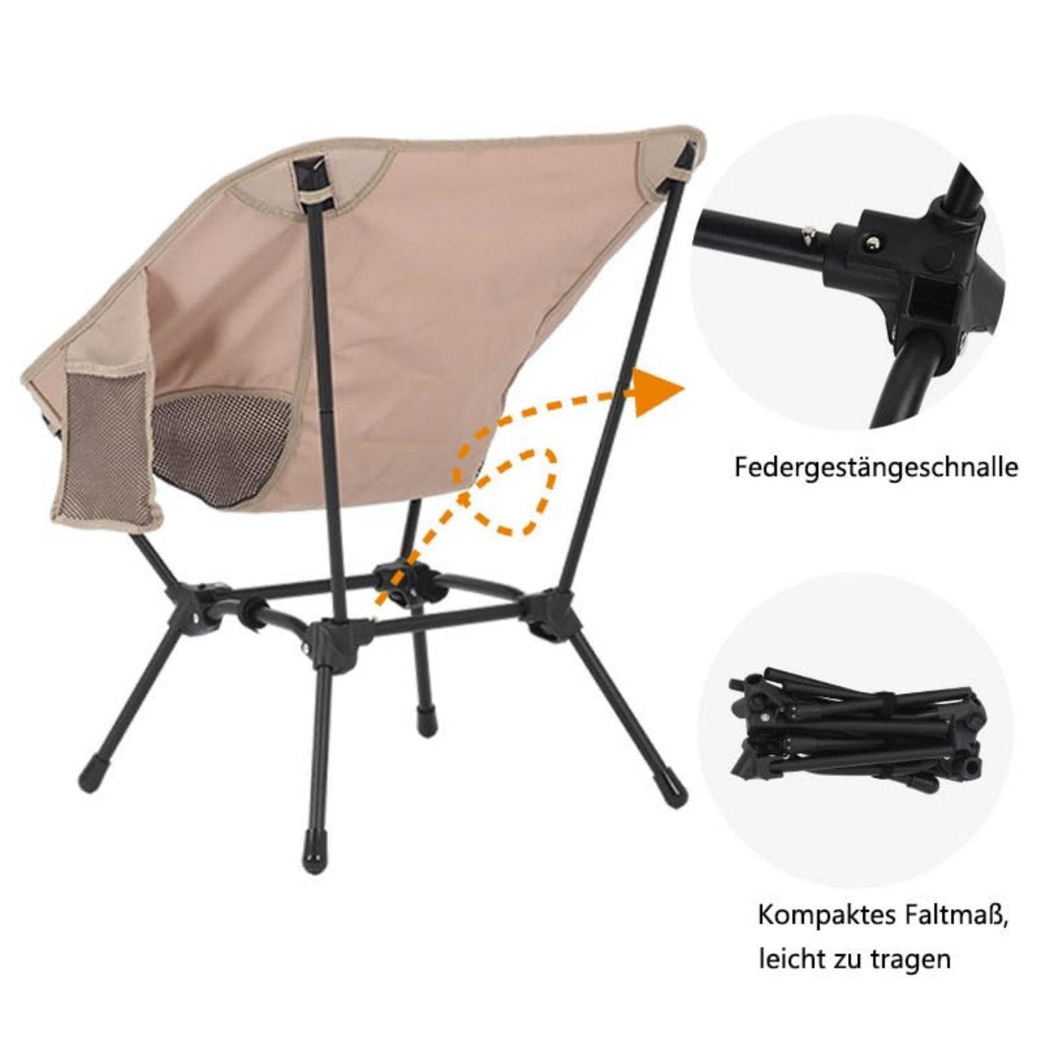 Ein beiger Campingstuhl mit schwarzem Metallgestell und Netztaschen.