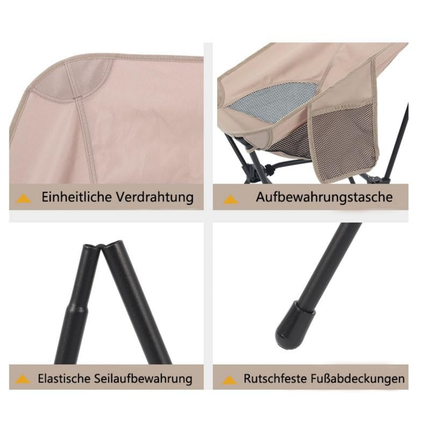 Nahaufnahme eines Campingstuhls mit Details: Naht, Tasche, elastische Seile und Fußkappen.