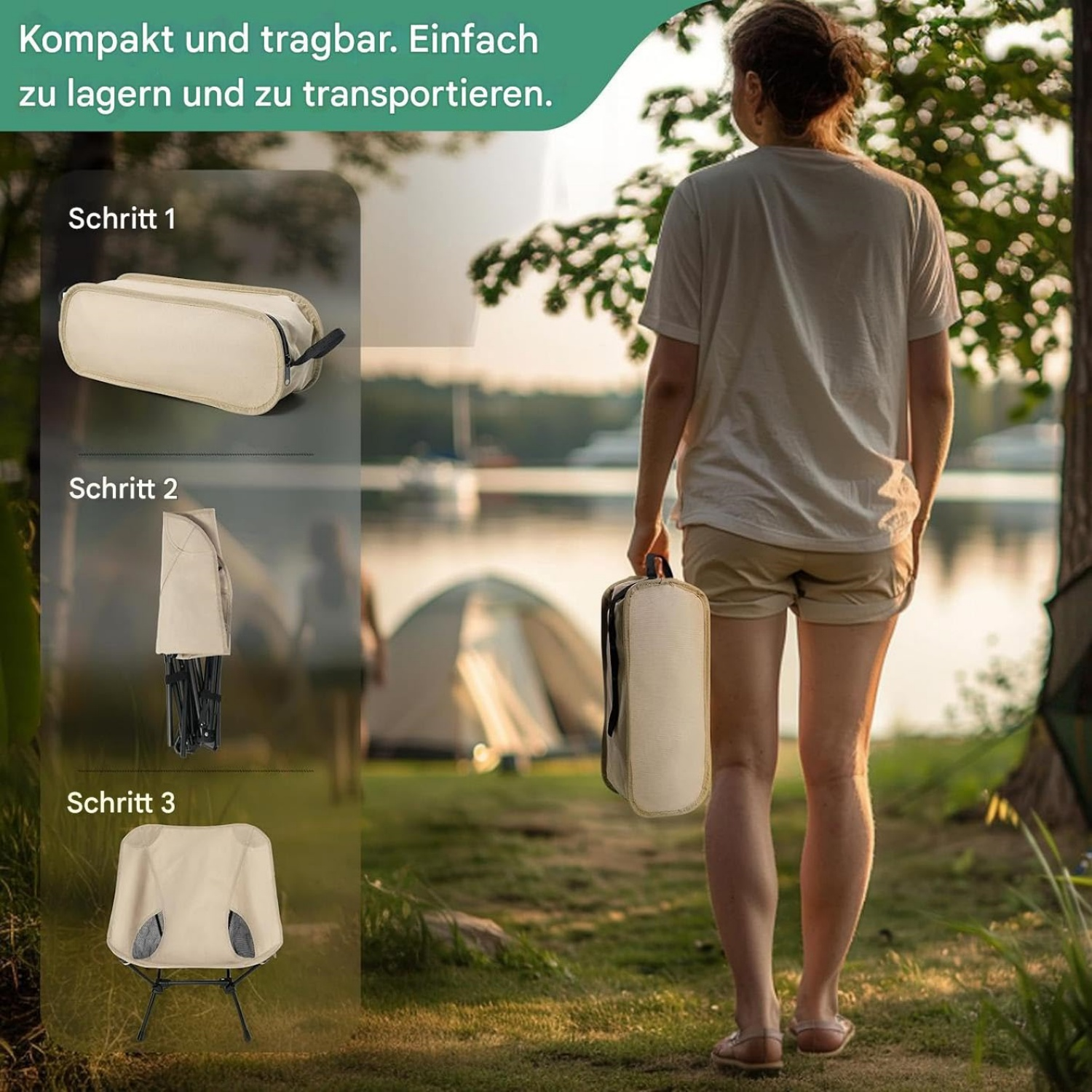 Eine Frau trägt eine kompakte Tasche beim Camping am See mit drei Schritten zur Montage.