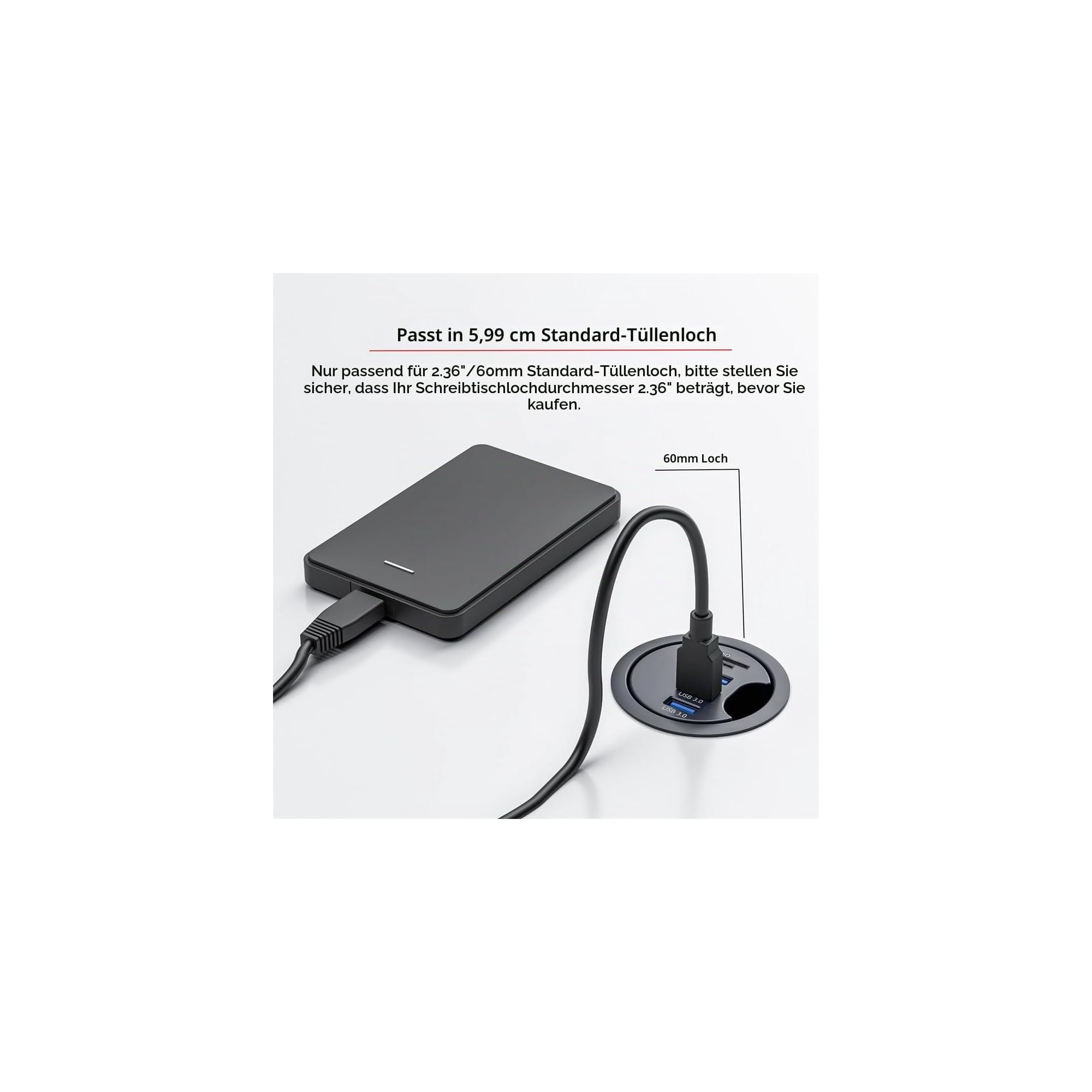 Schwarzes externes Laufwerk mit Kabel in 60mm Schreibtischdurchführung mit USB 3.0 Anschlüssen.